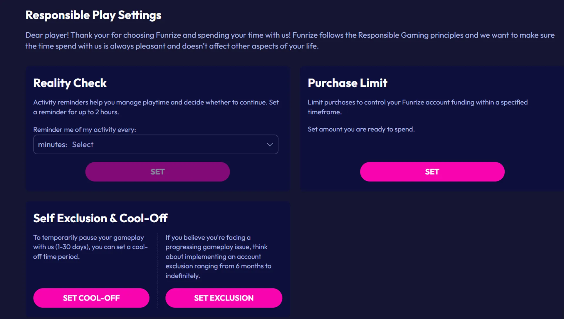 Funrize casino play settings