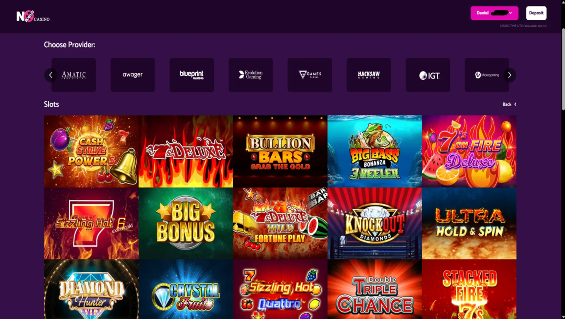 Game lobby at No Bonus Casino