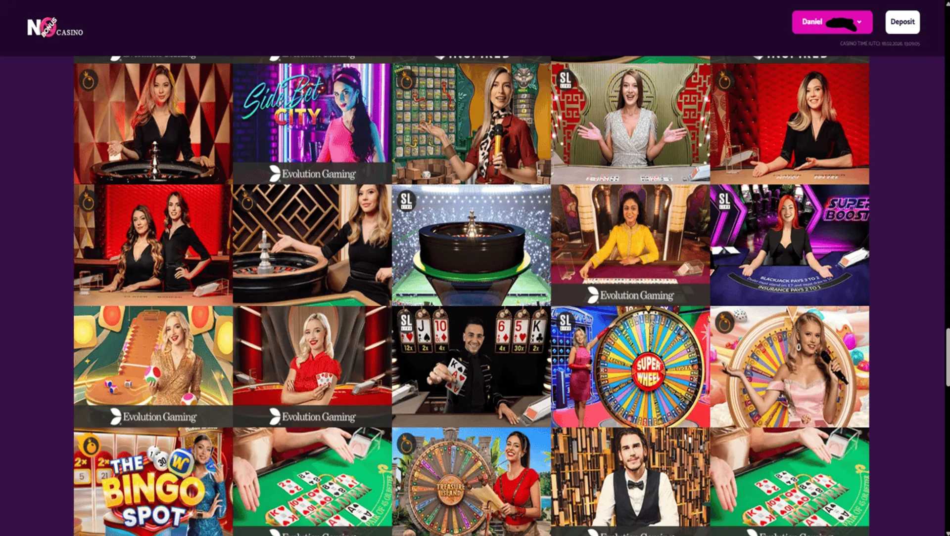 Live games selection at No Bonus Casino