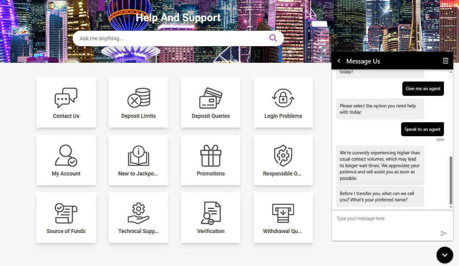 Jackpot City customer support options for UK players