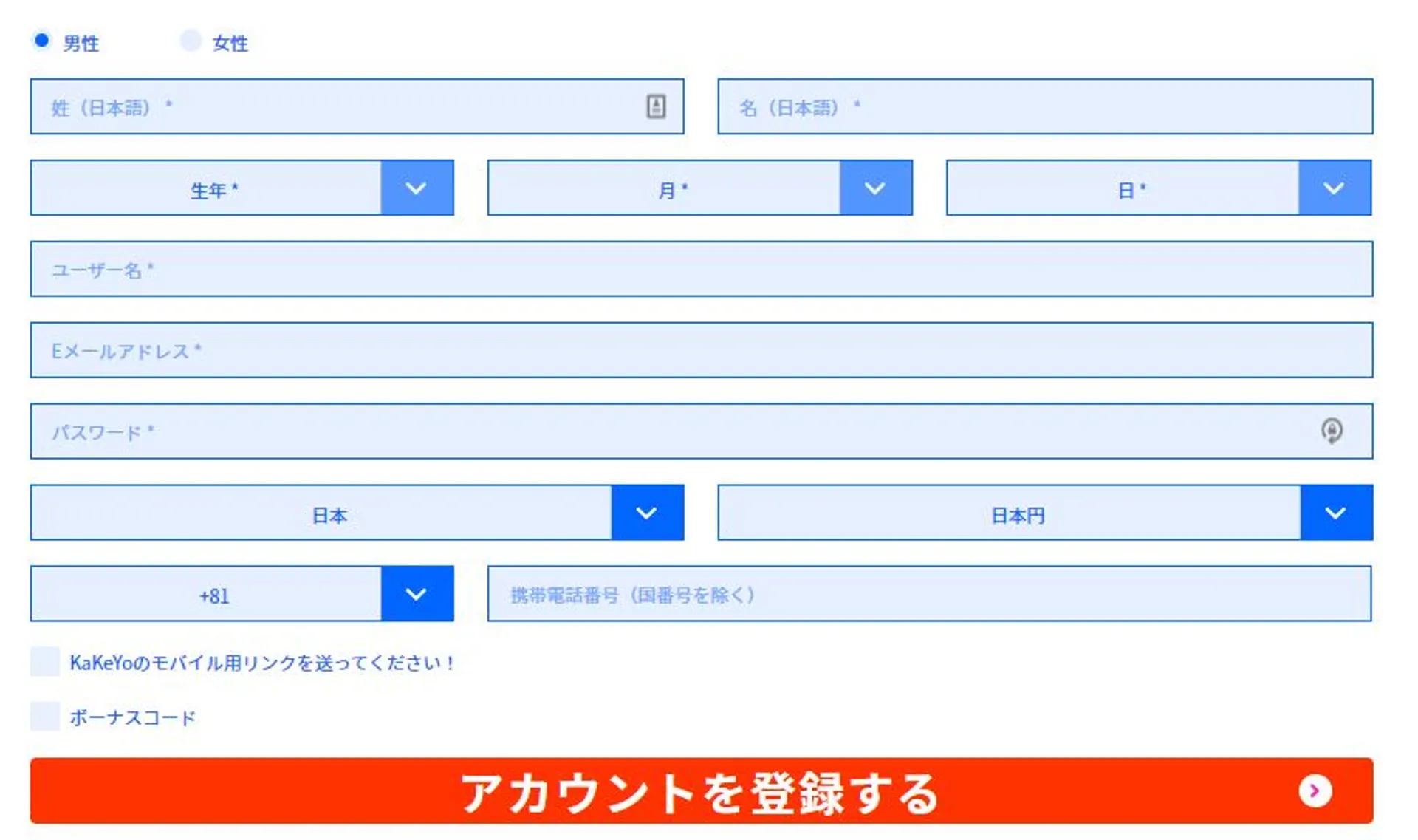 カケヨカジノ　アカウント登録画面