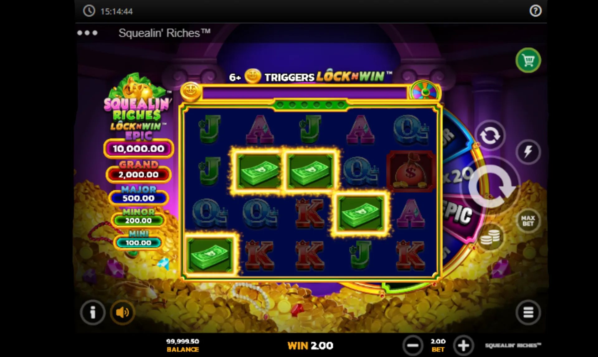 ganho com 4 símbolos em squealin riches