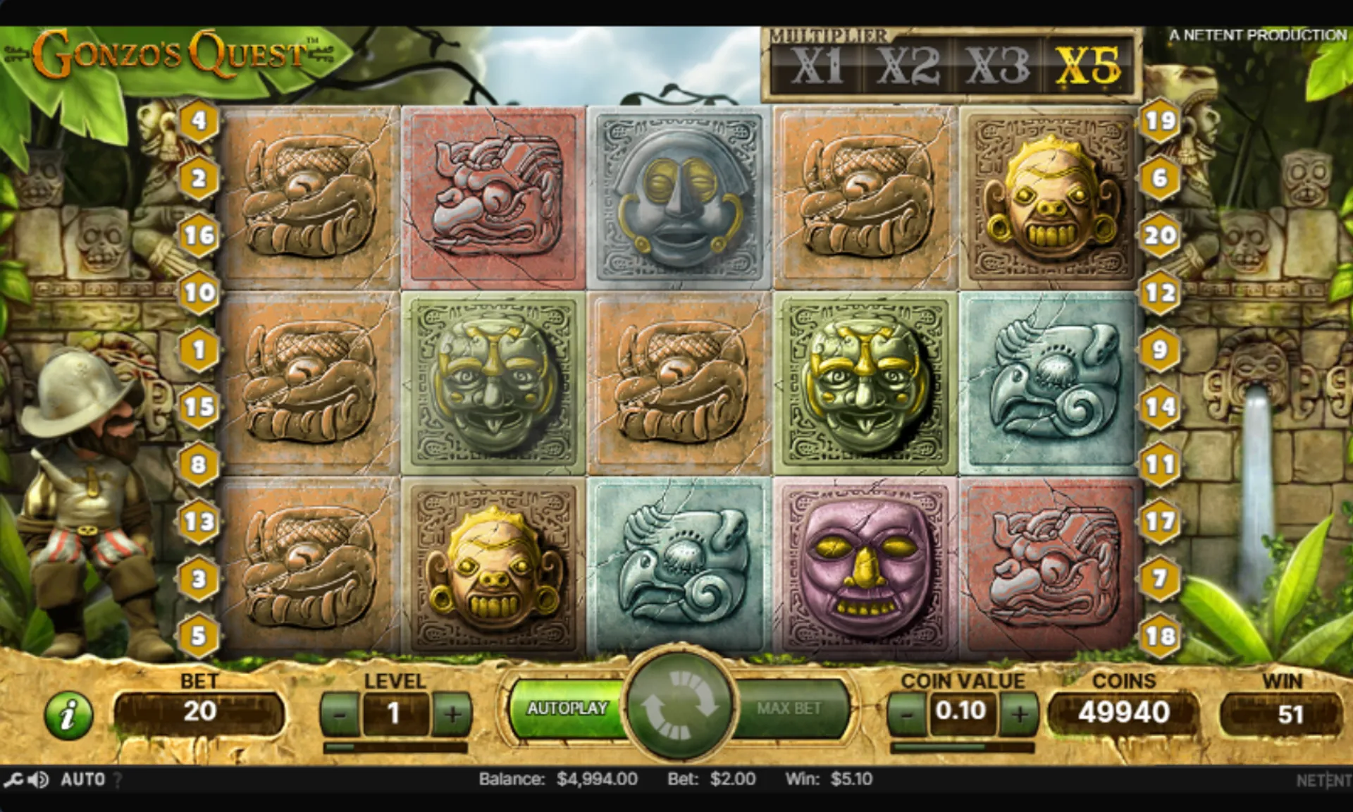 multiplicador 5x em gonzo's quest