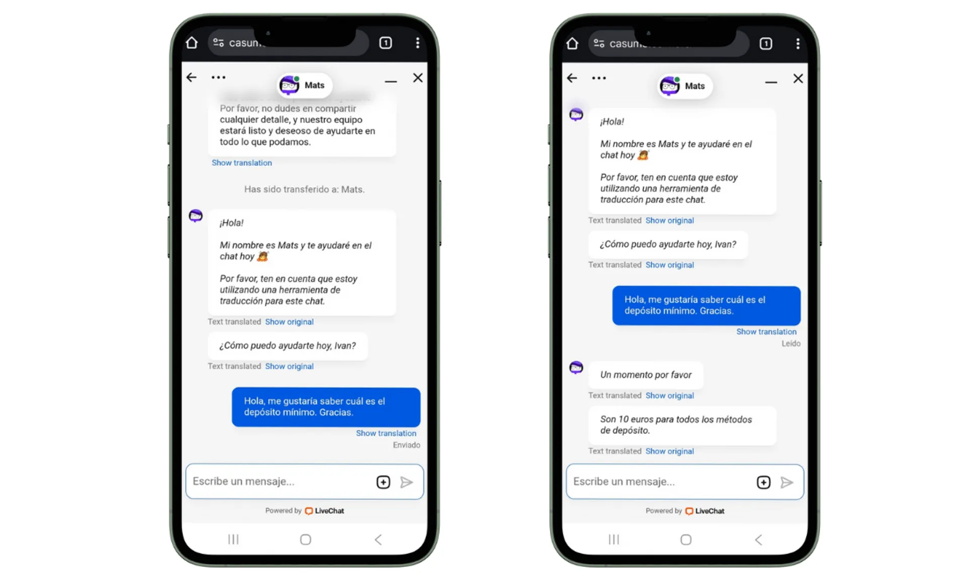 Captura del chat en vivo de Casumo
