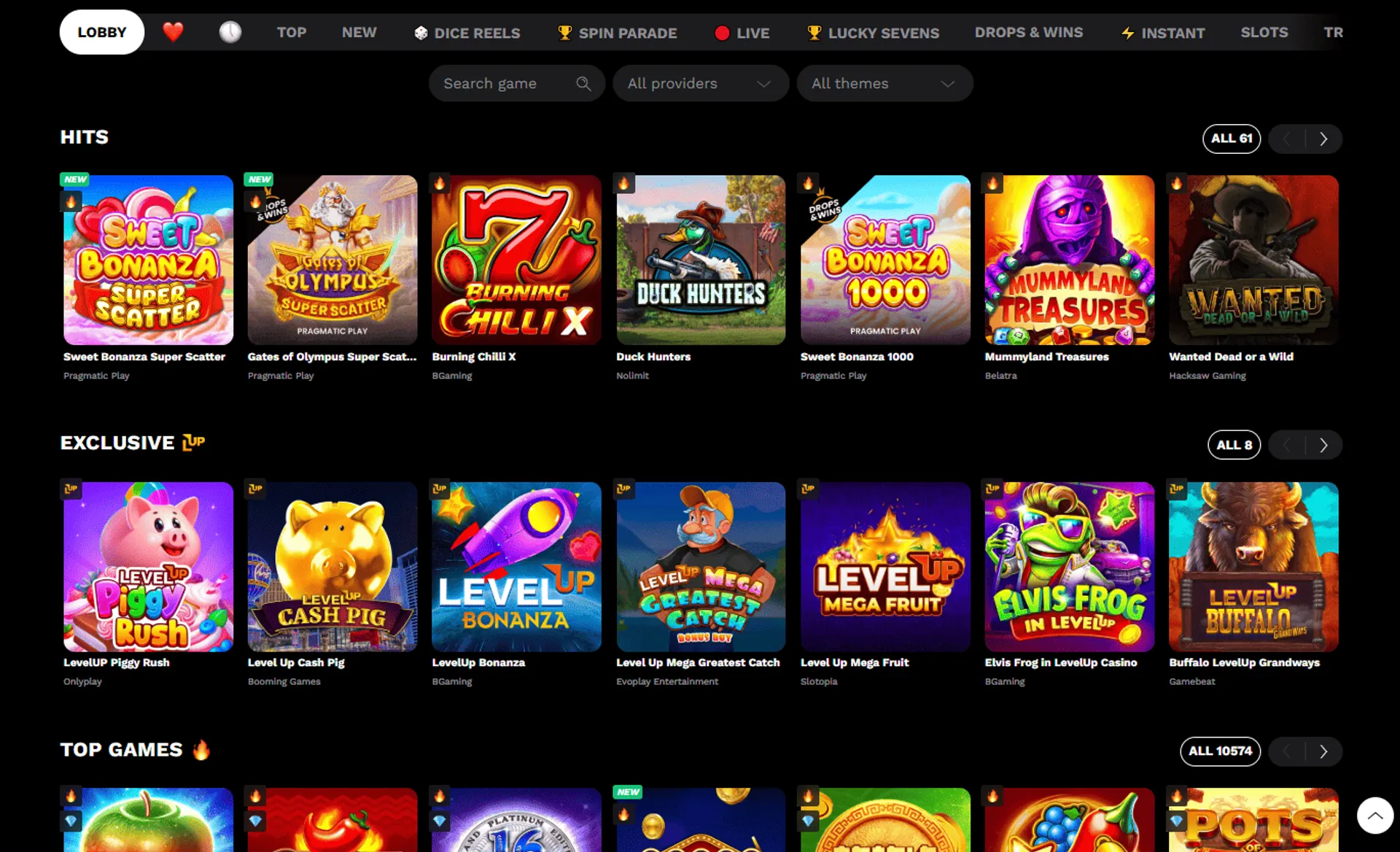 LevelUp casino games categories