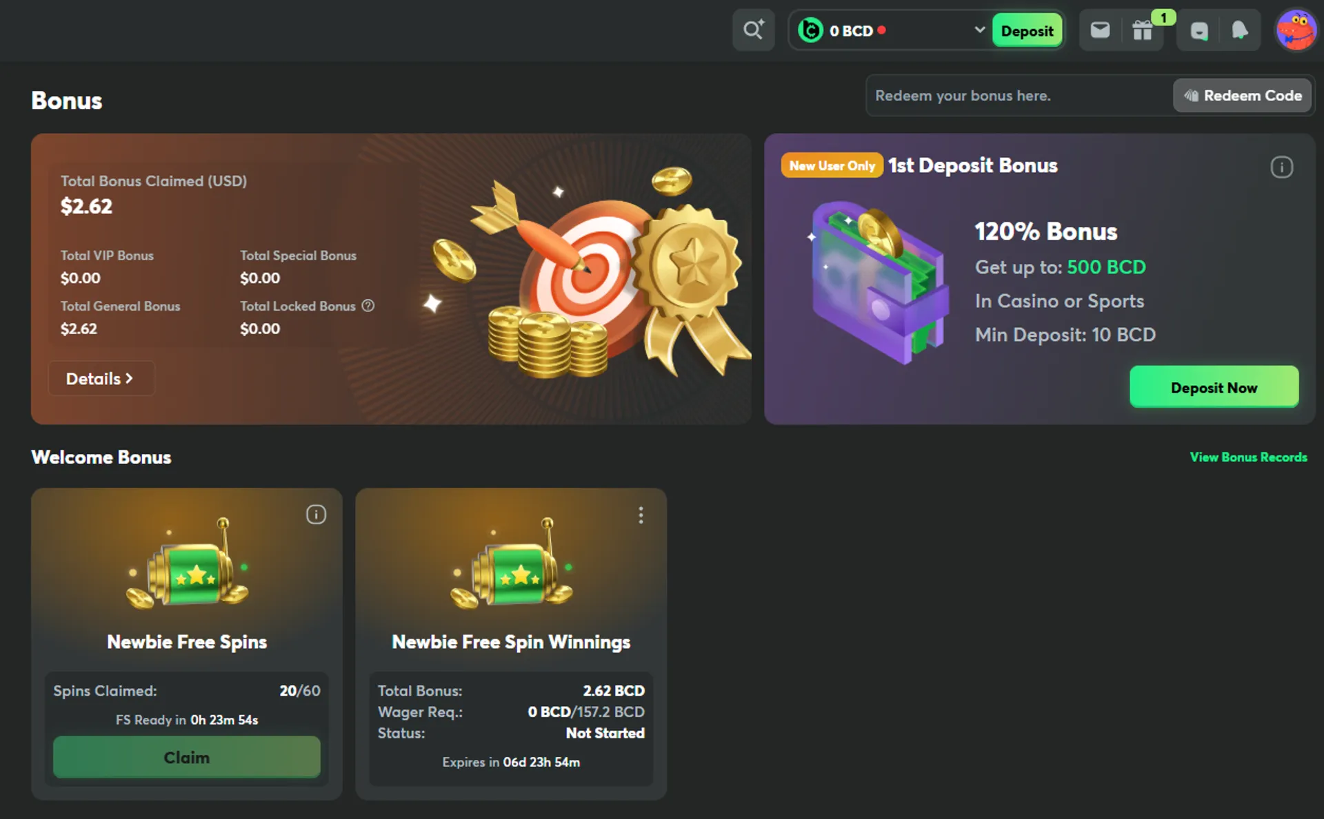 We claimed 20 free spins at BC.Game