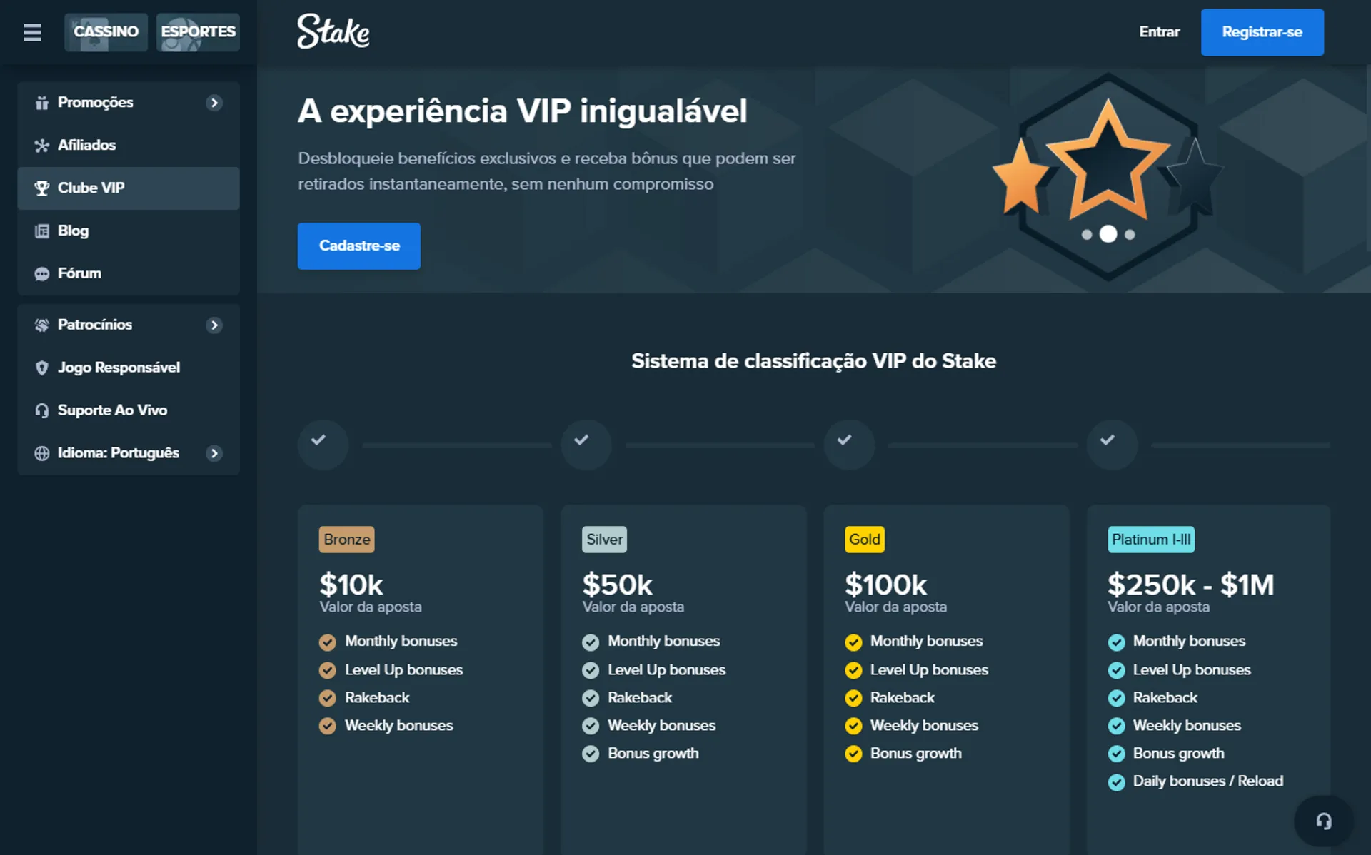 programa vip do cassino stake