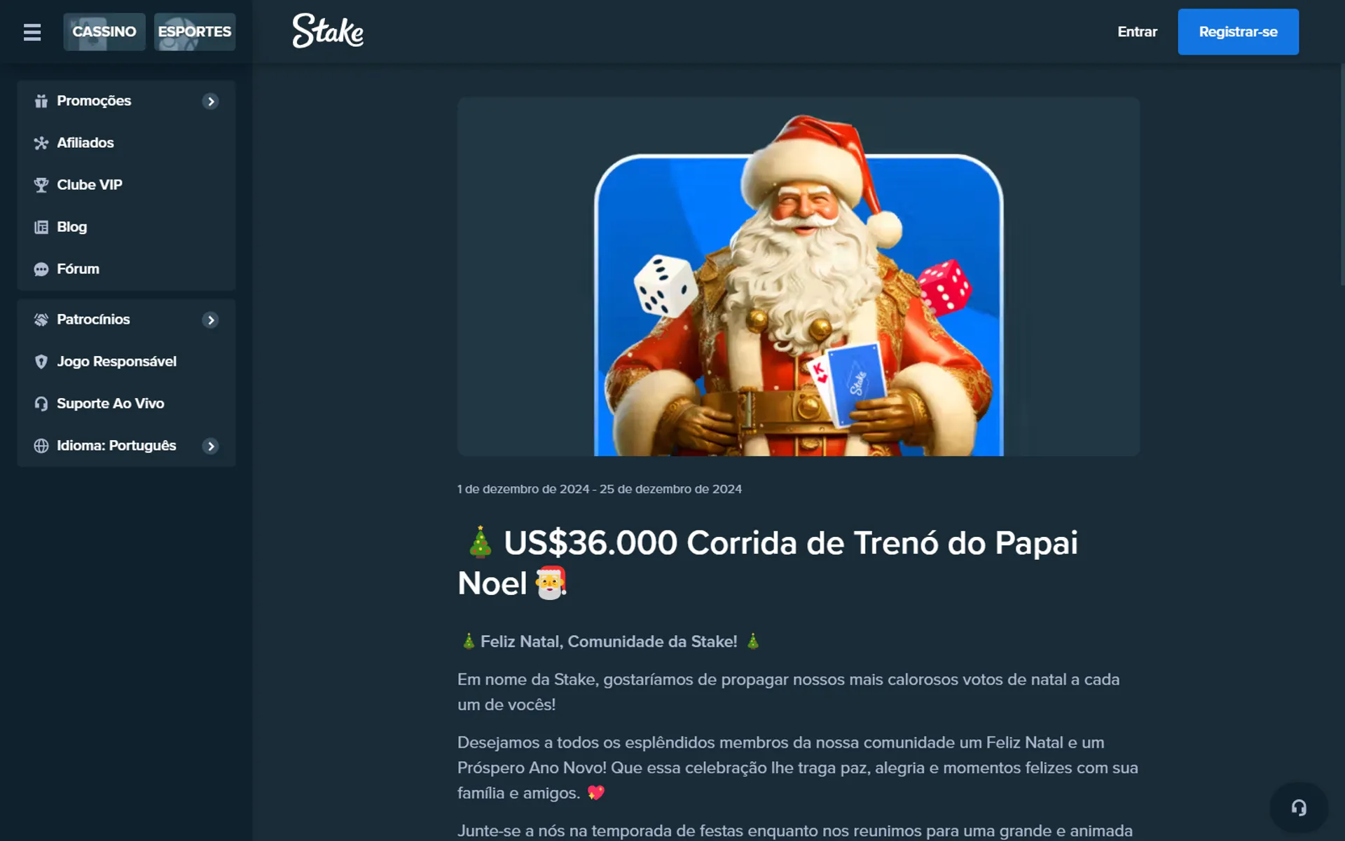 bônus de natal do cassino stake