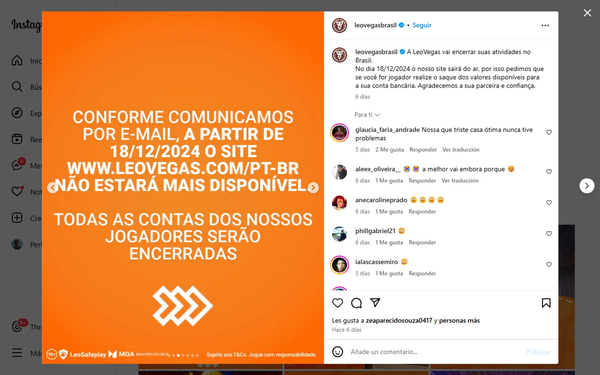 comunicado de encerramento da leovegas brasil