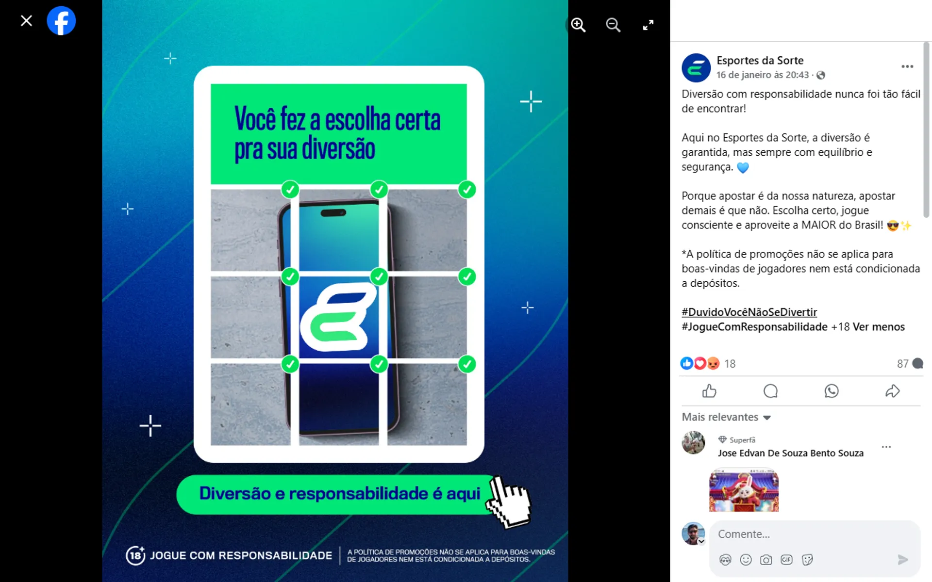 post da Esportes da Sorte no Facebook