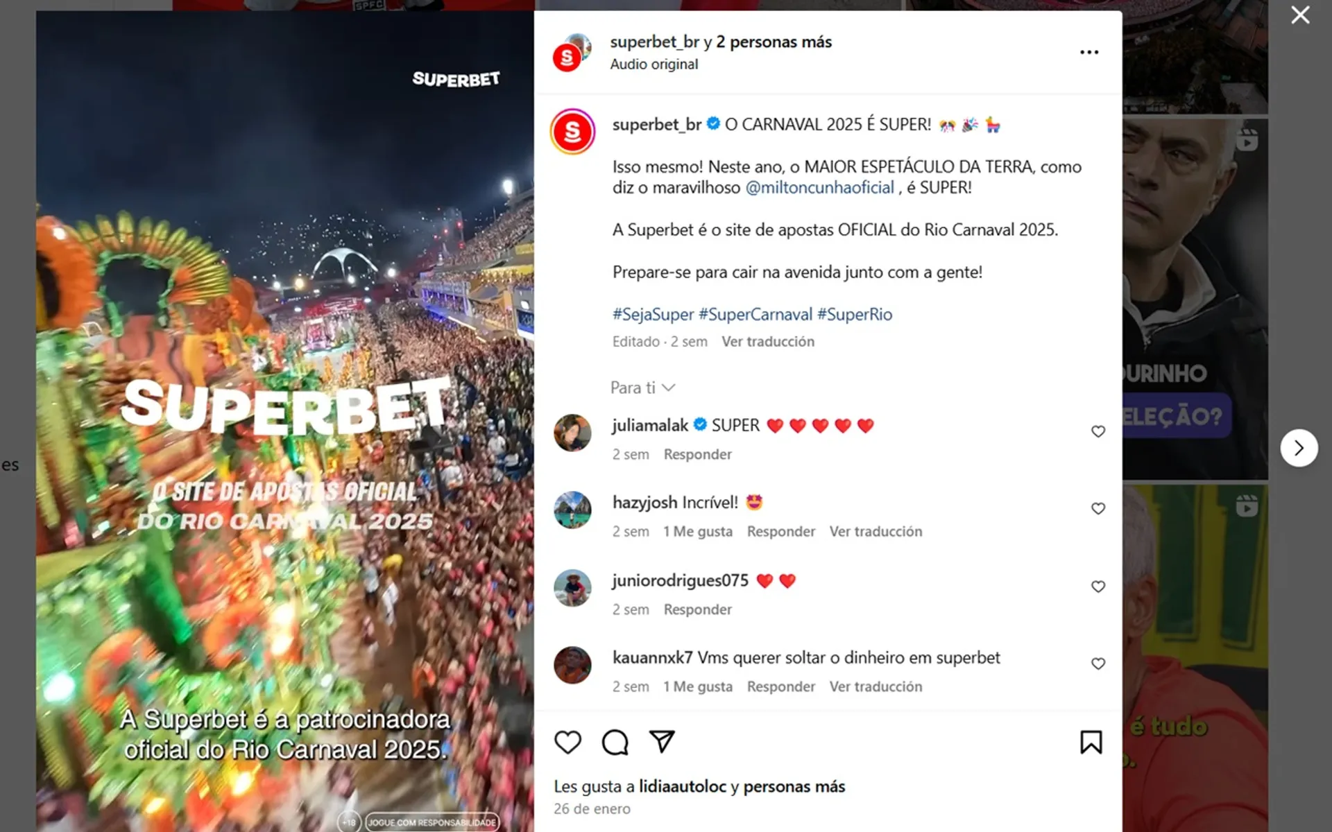 anúncio do patrocínio da superbet ao carnaval do rio