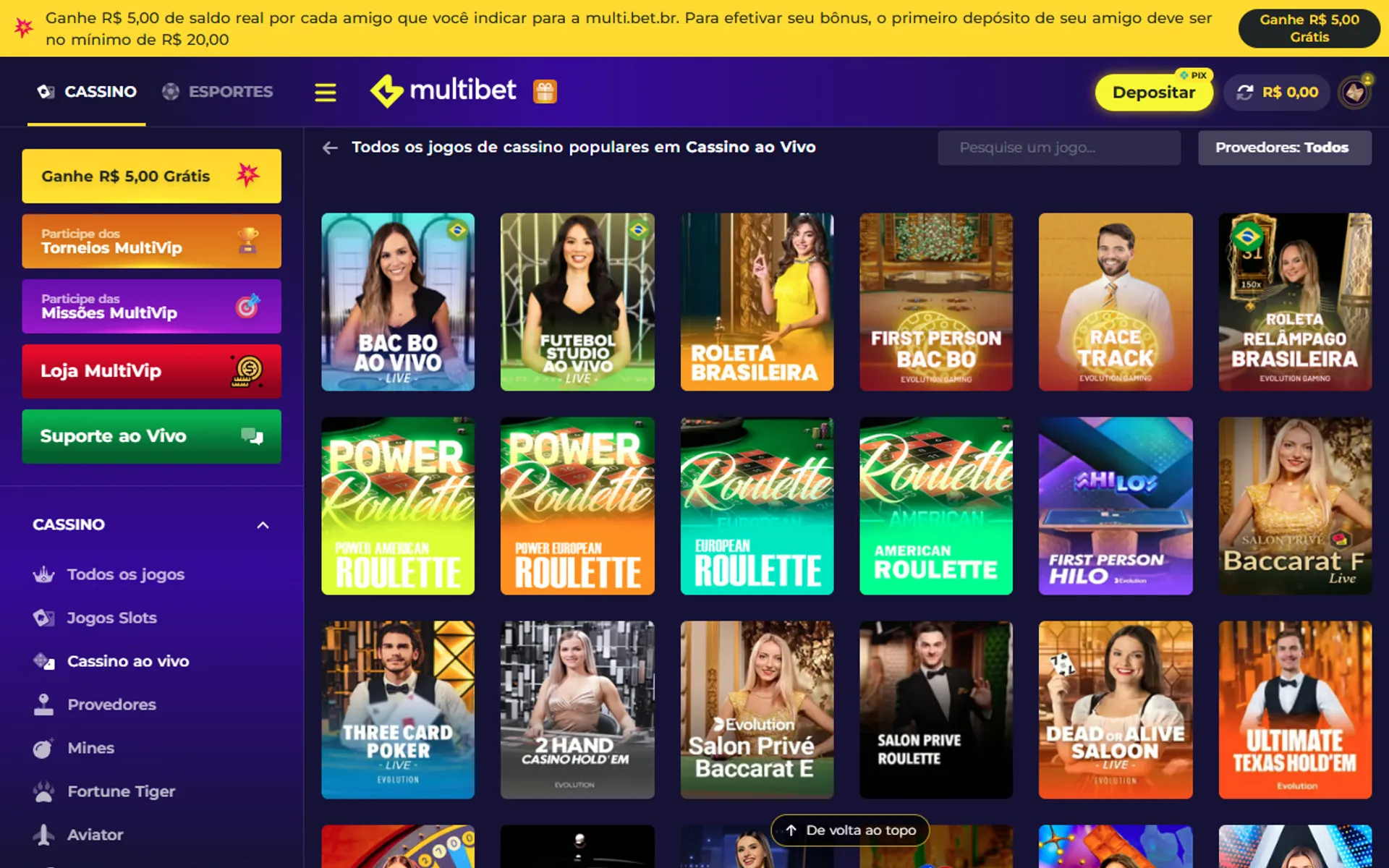 cassino ao vivo da Multibet