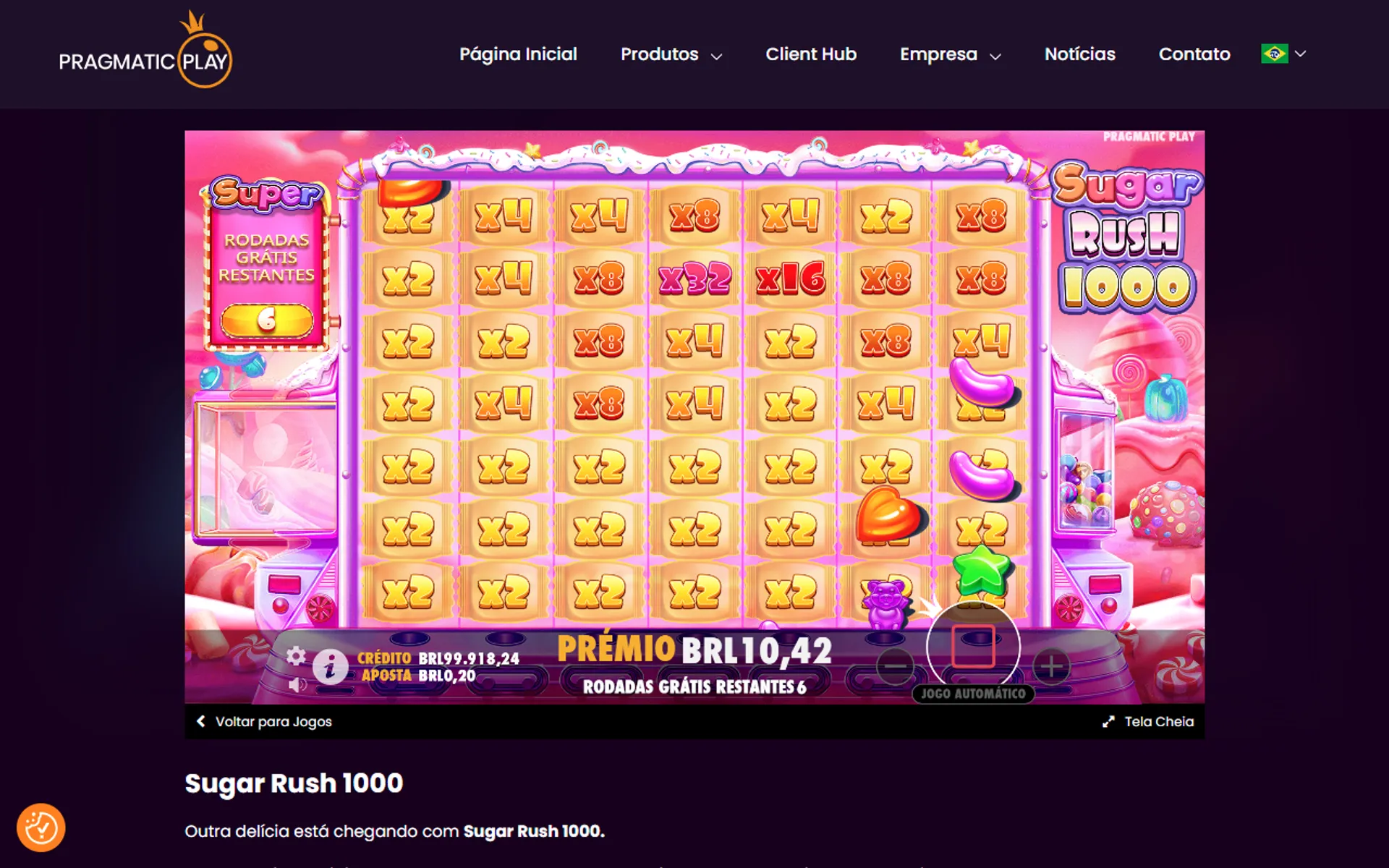 tela com multiplicadores no modo bônus do Sugar Rush 1000