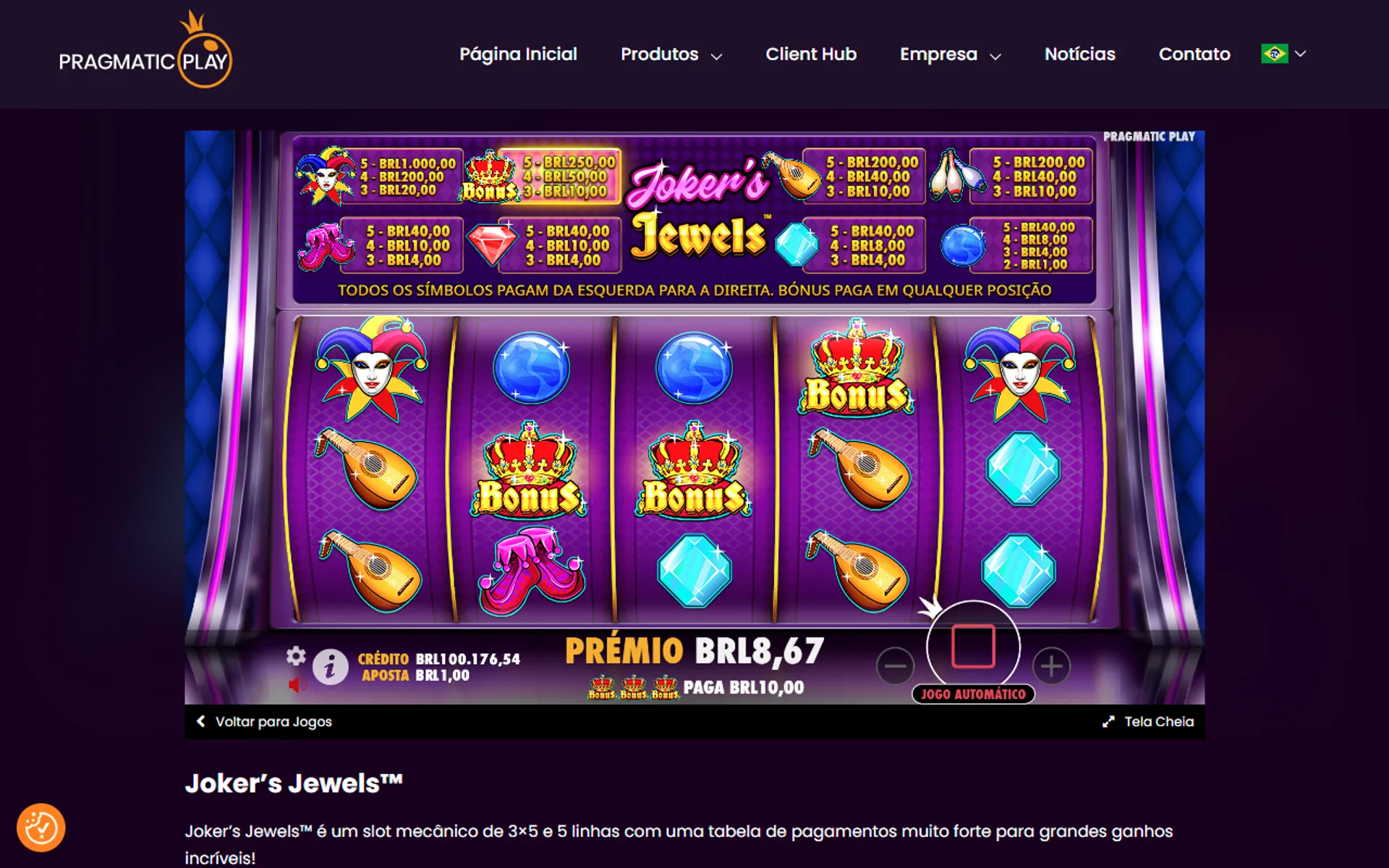 símbolos de bônus do Joker's Jewels