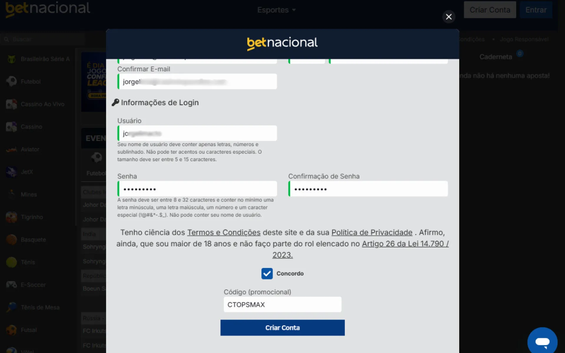 cadastro com o código promocional Betnacional