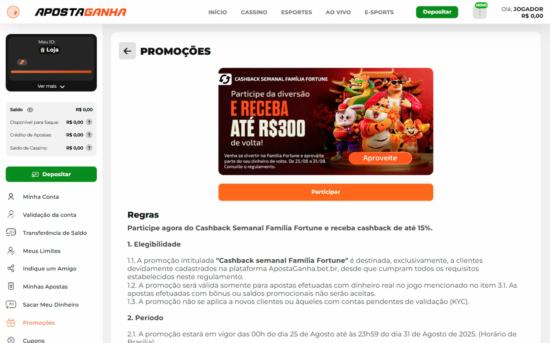 Bônus Aposta Ganha de cashback na família fortune