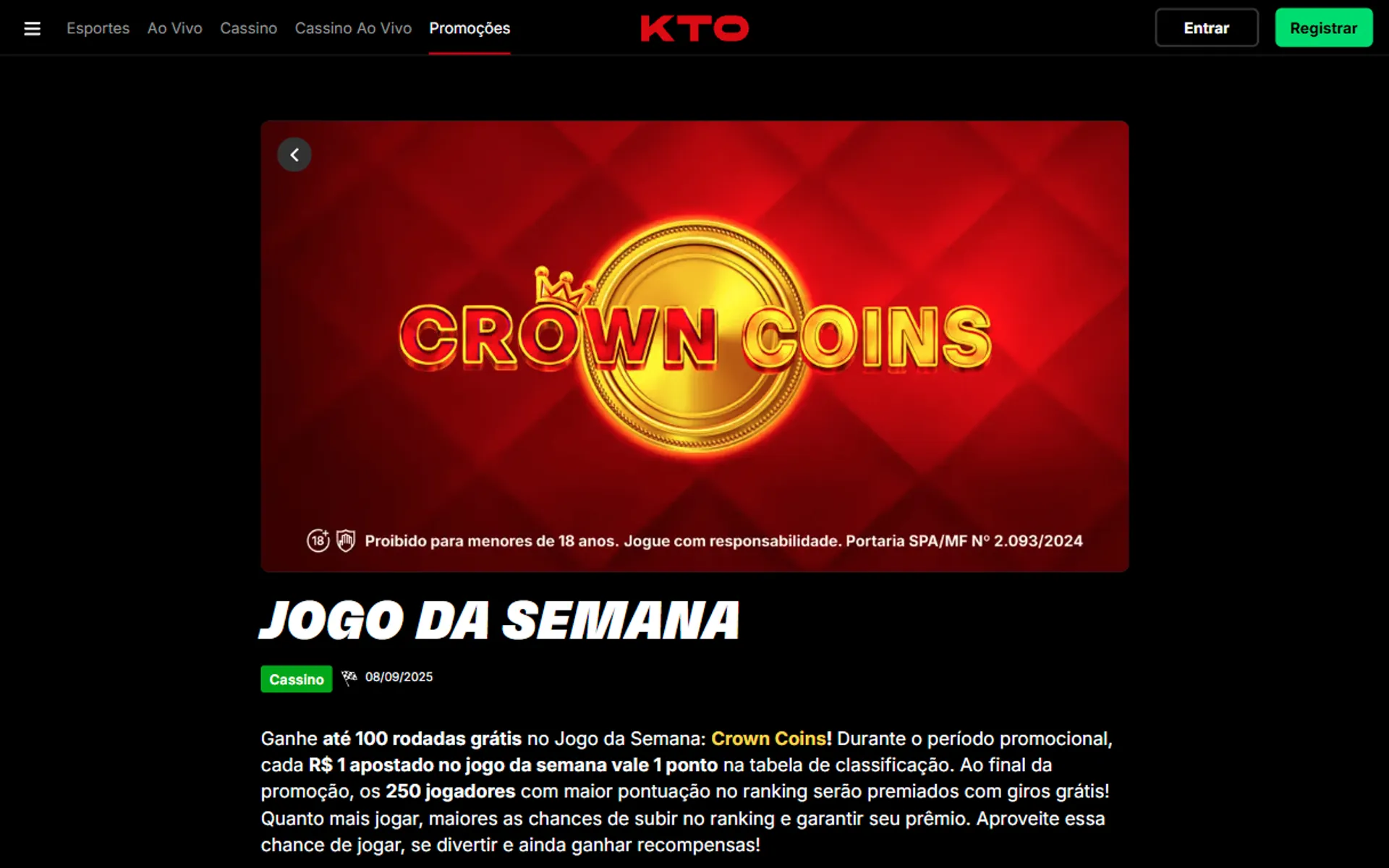 bônus de giros grátis da KTO