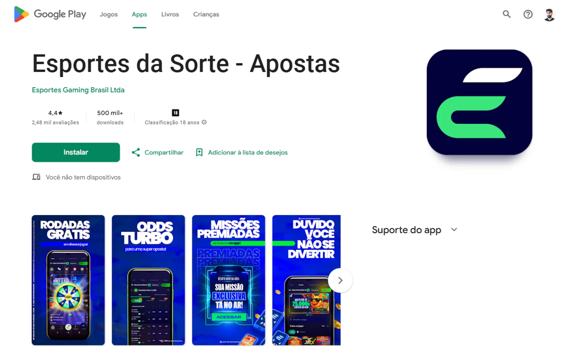 app da Esportes da Sorte na Play Store