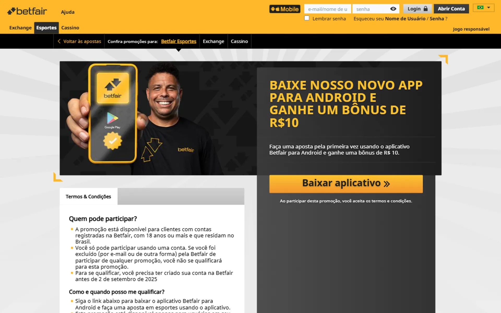 bônus de download do app Betfair
