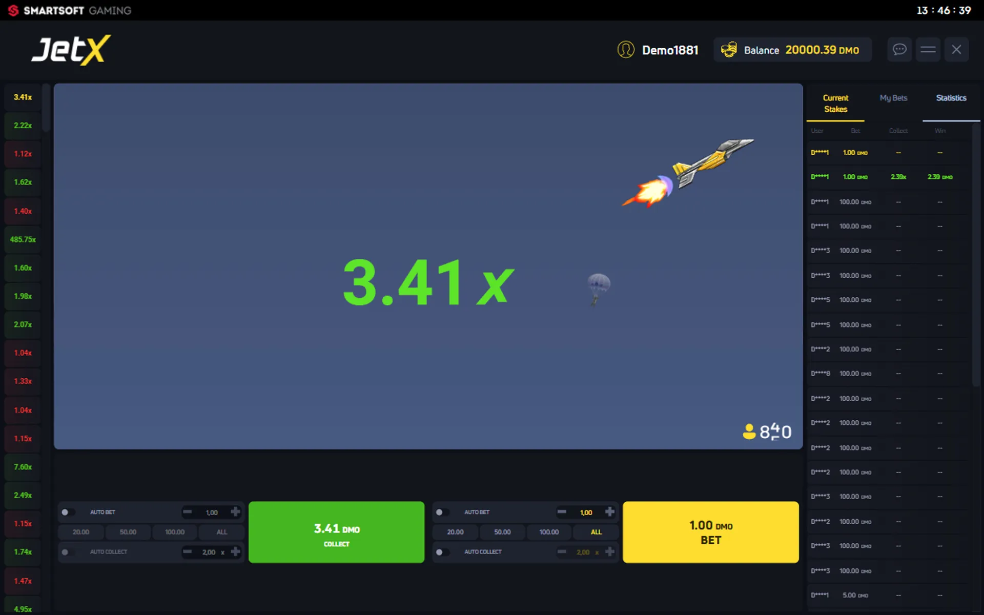 JetX tela com multiplicador 3.41x