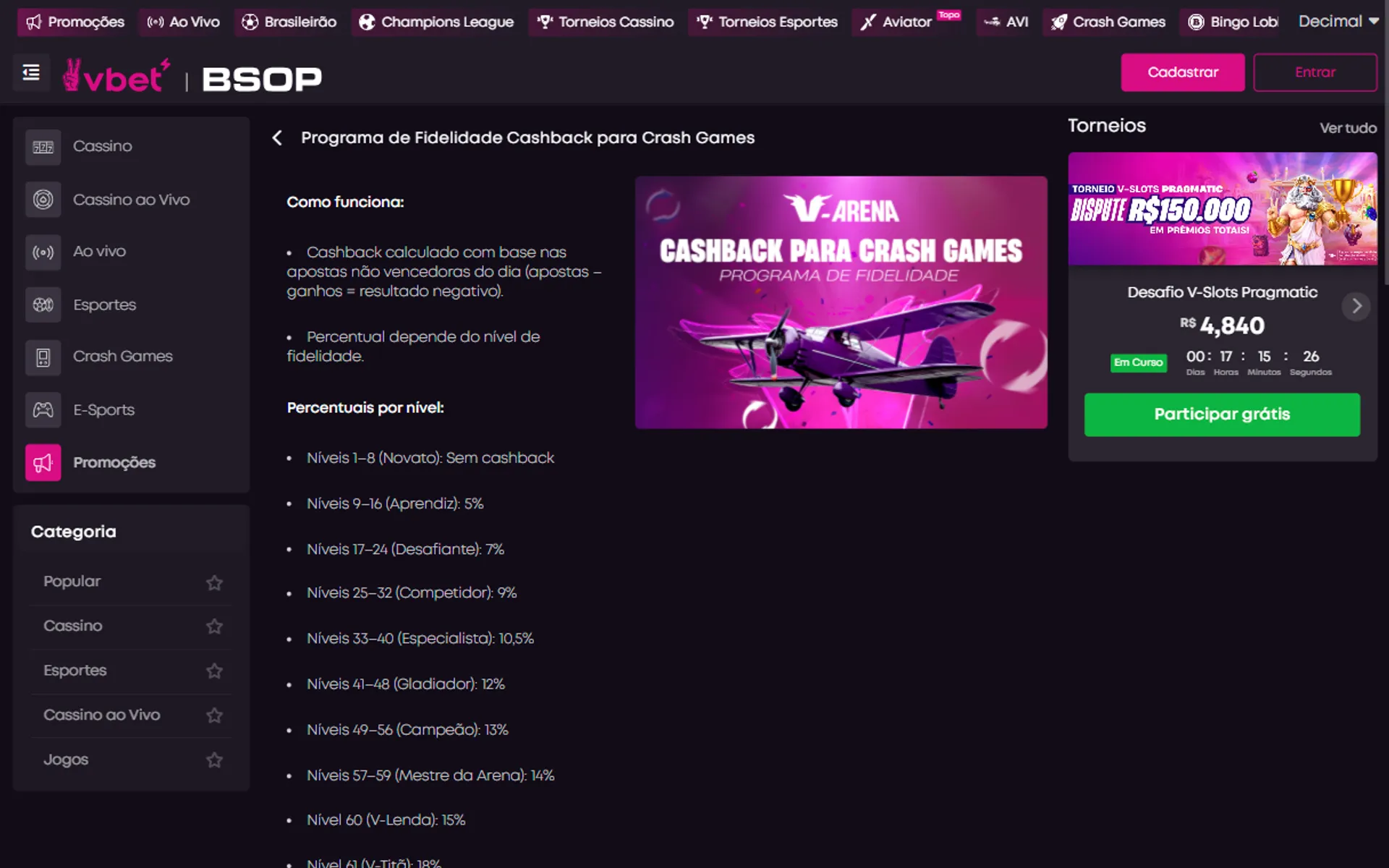 bônus de cashback Vbet