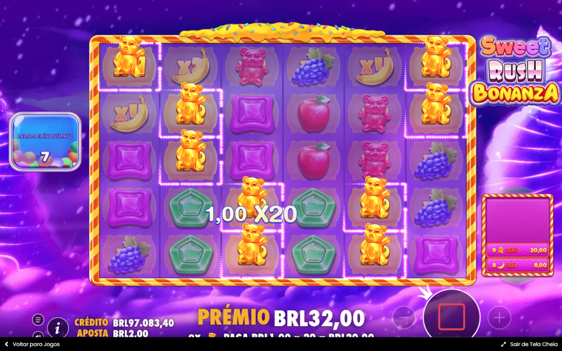 combinação vencedora no modo bônus do Sweet Rush Bonanza