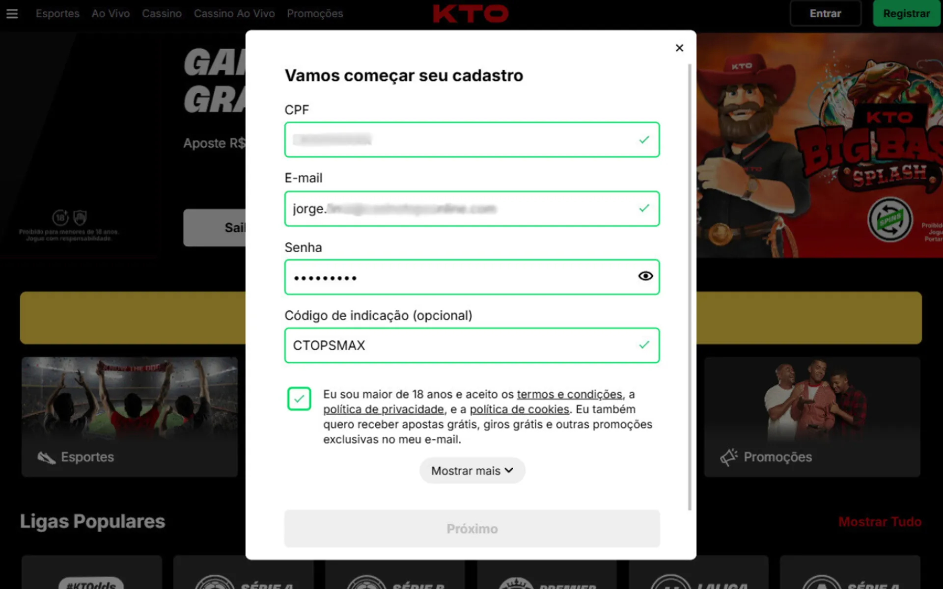 código de indicação KTO
