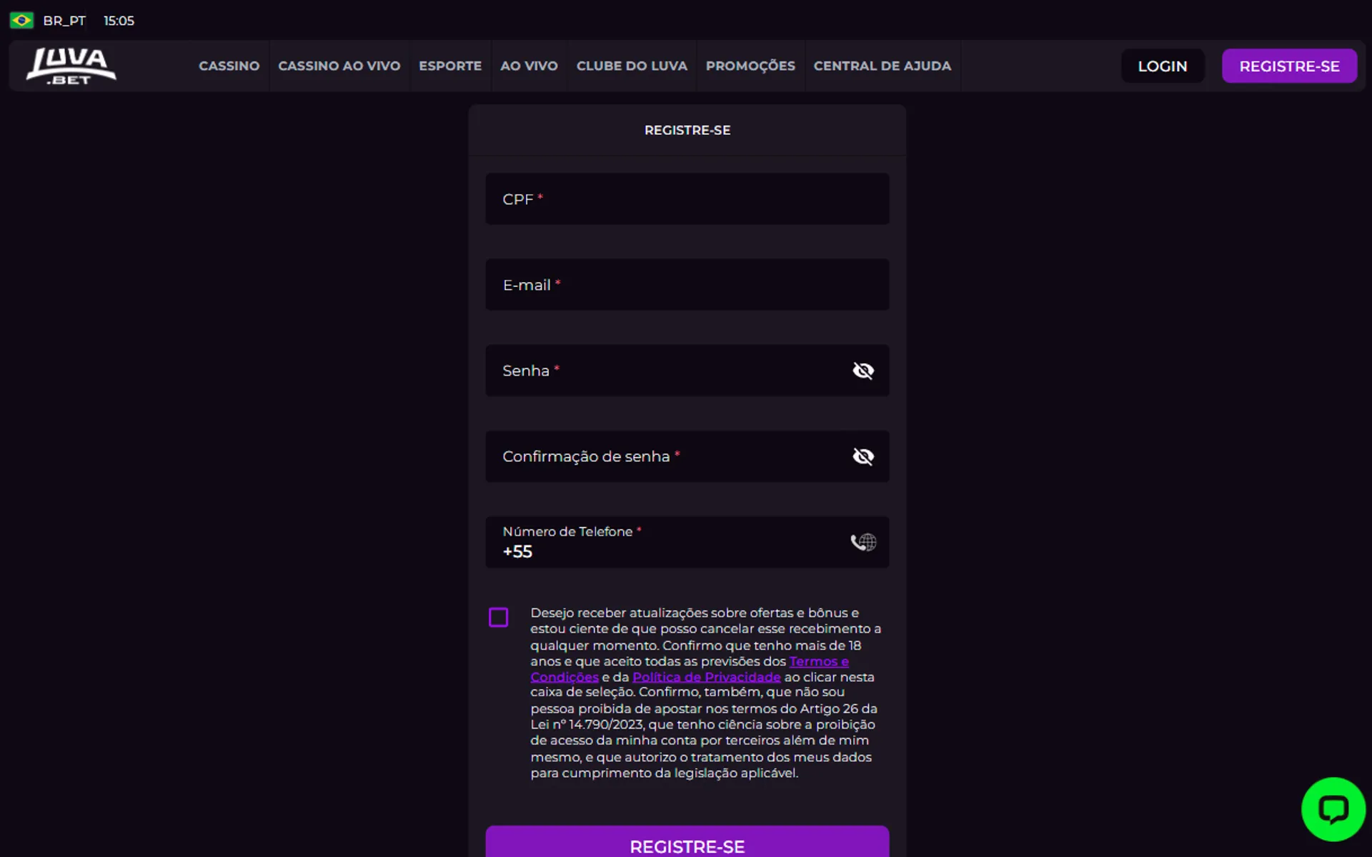 formulário de cadastro Luva Bet