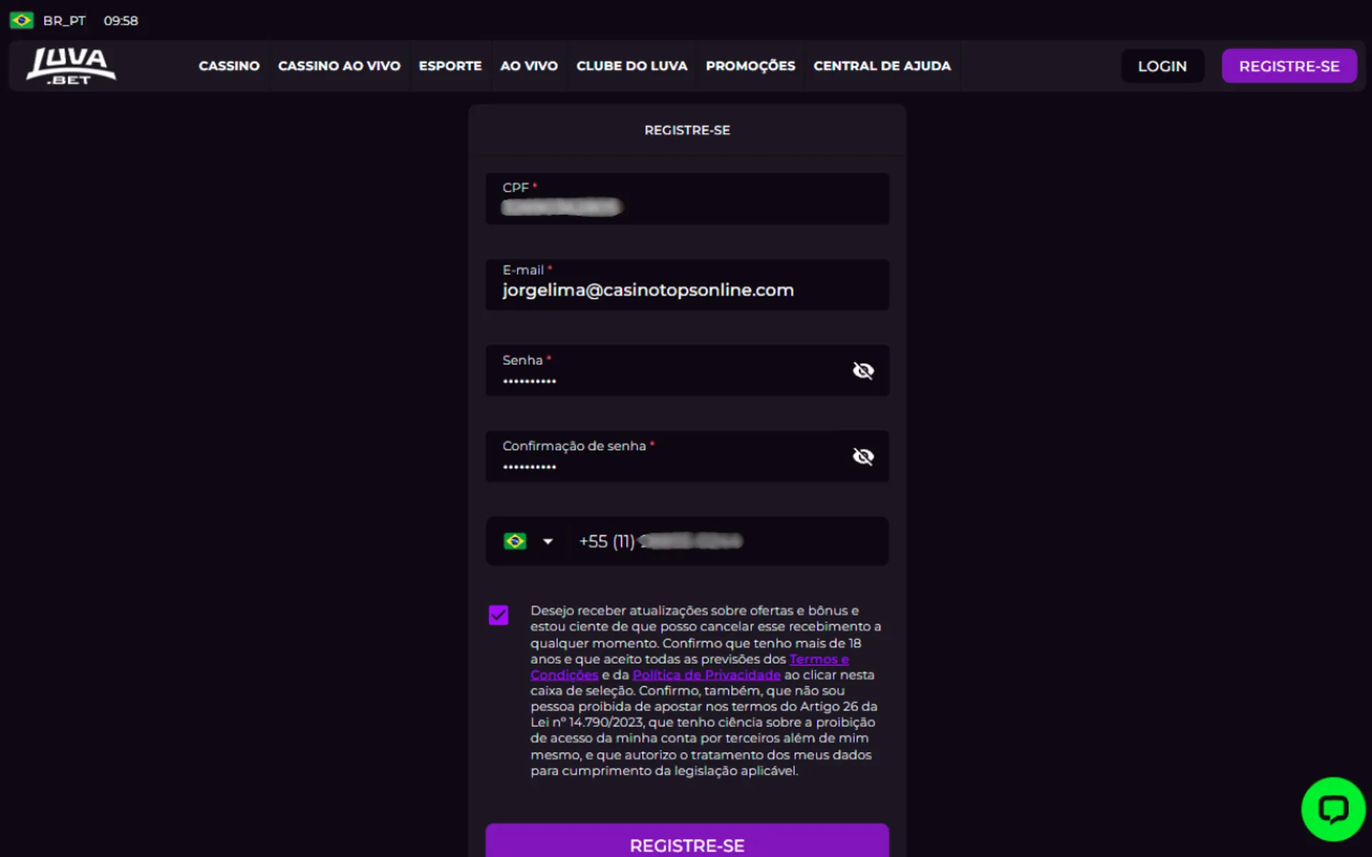 formulário de cadastro Luva Bet