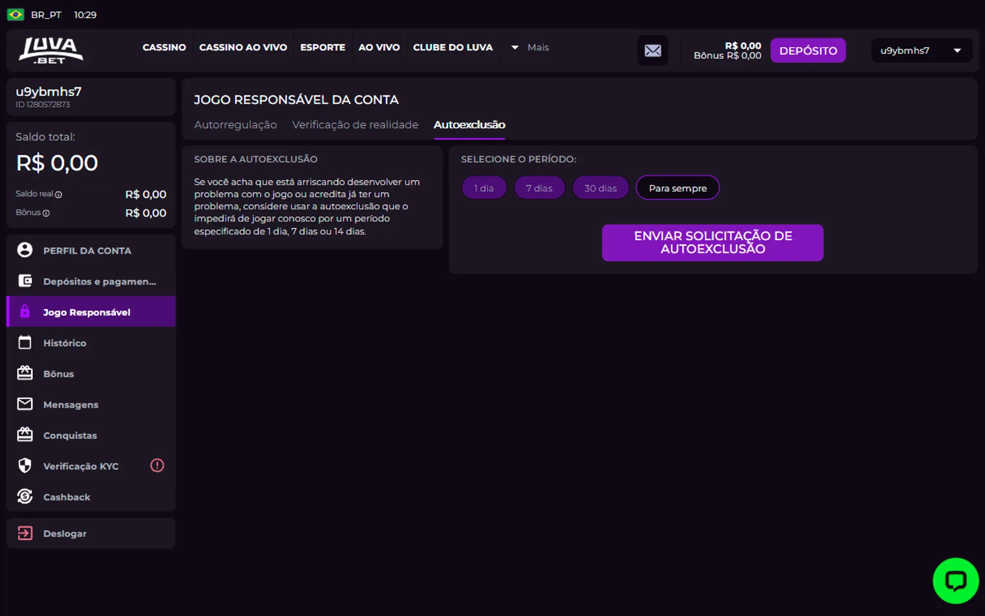 autoexclusão Luva Bet