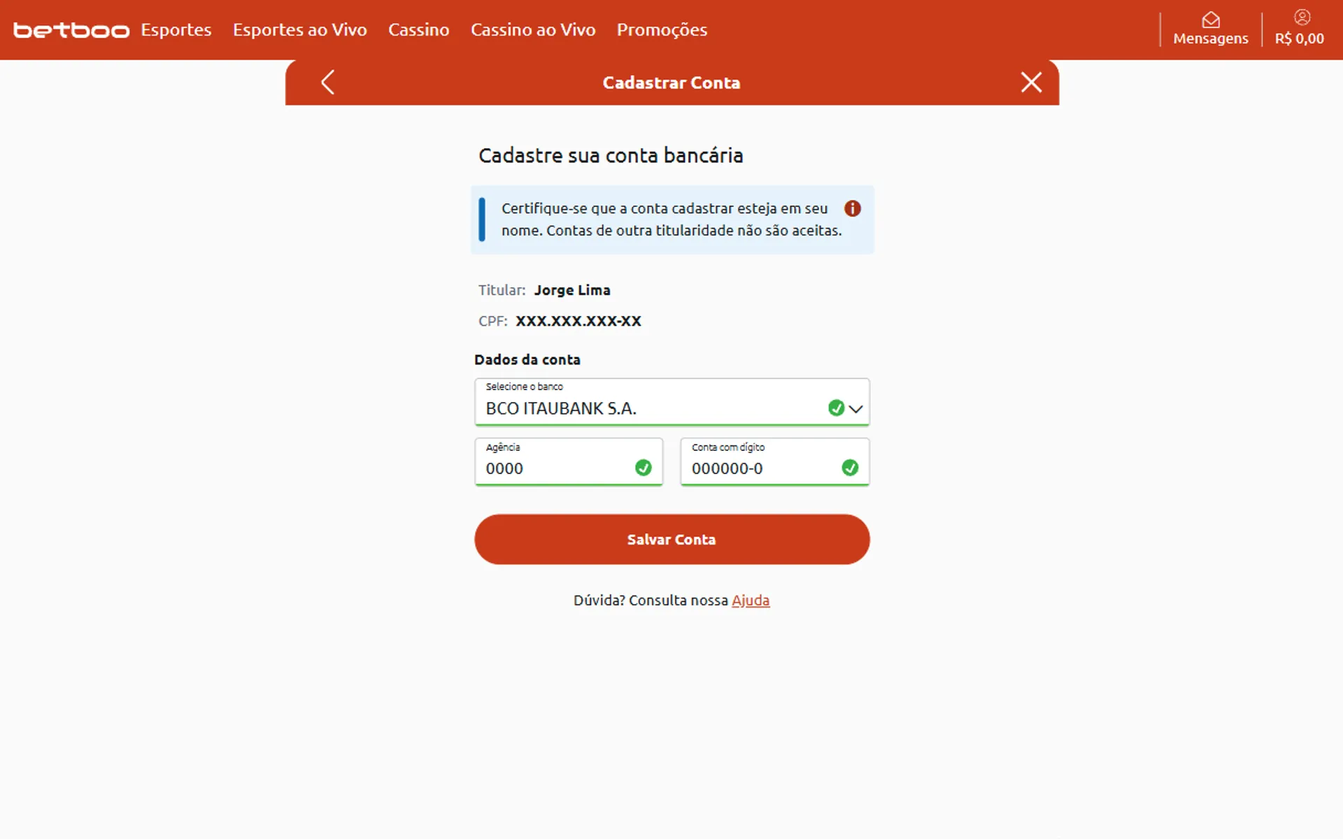 cadastro de conta bancária betboo