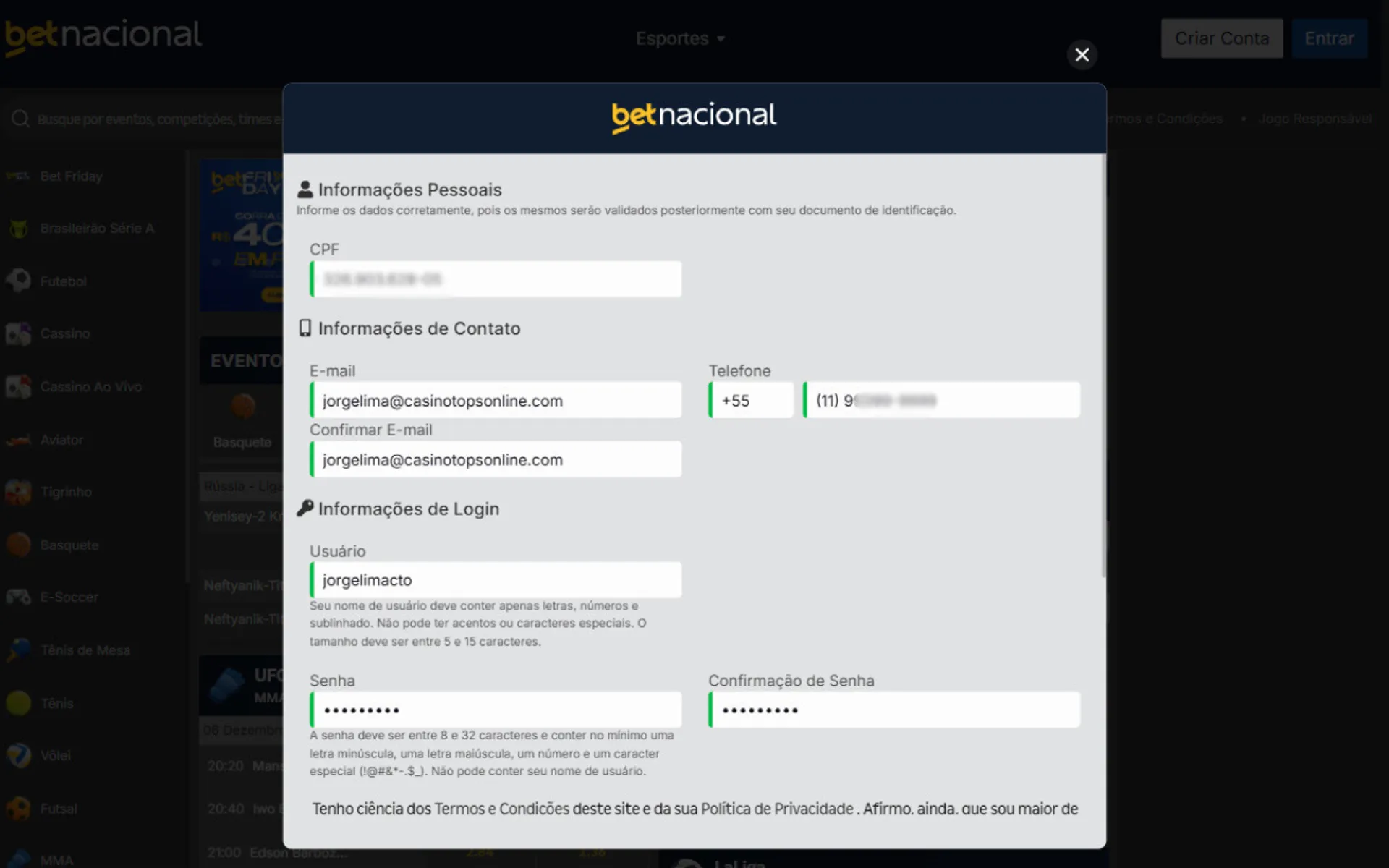 formulário de cadastro Betnacional