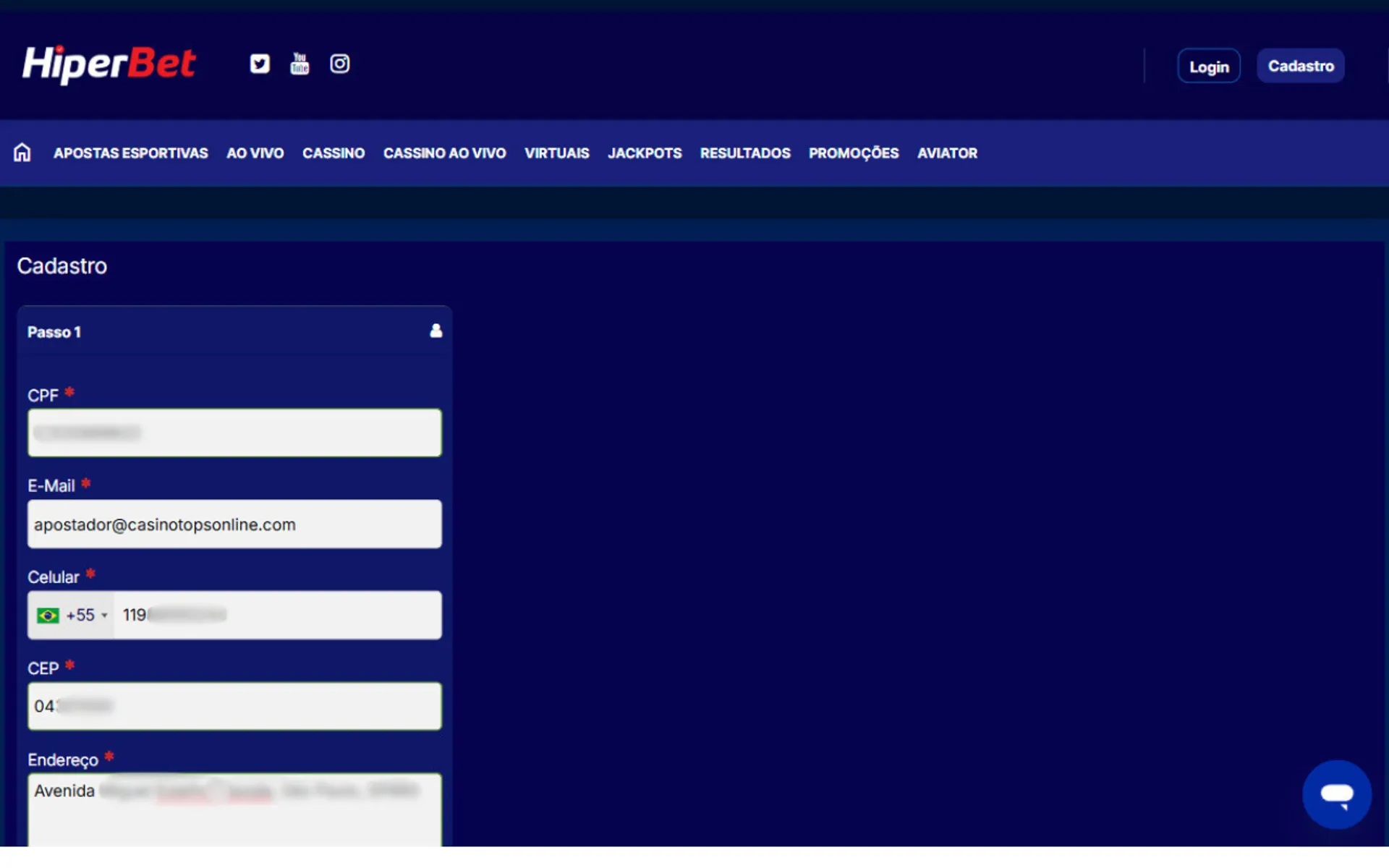 formulário de cadastro hiperbet
