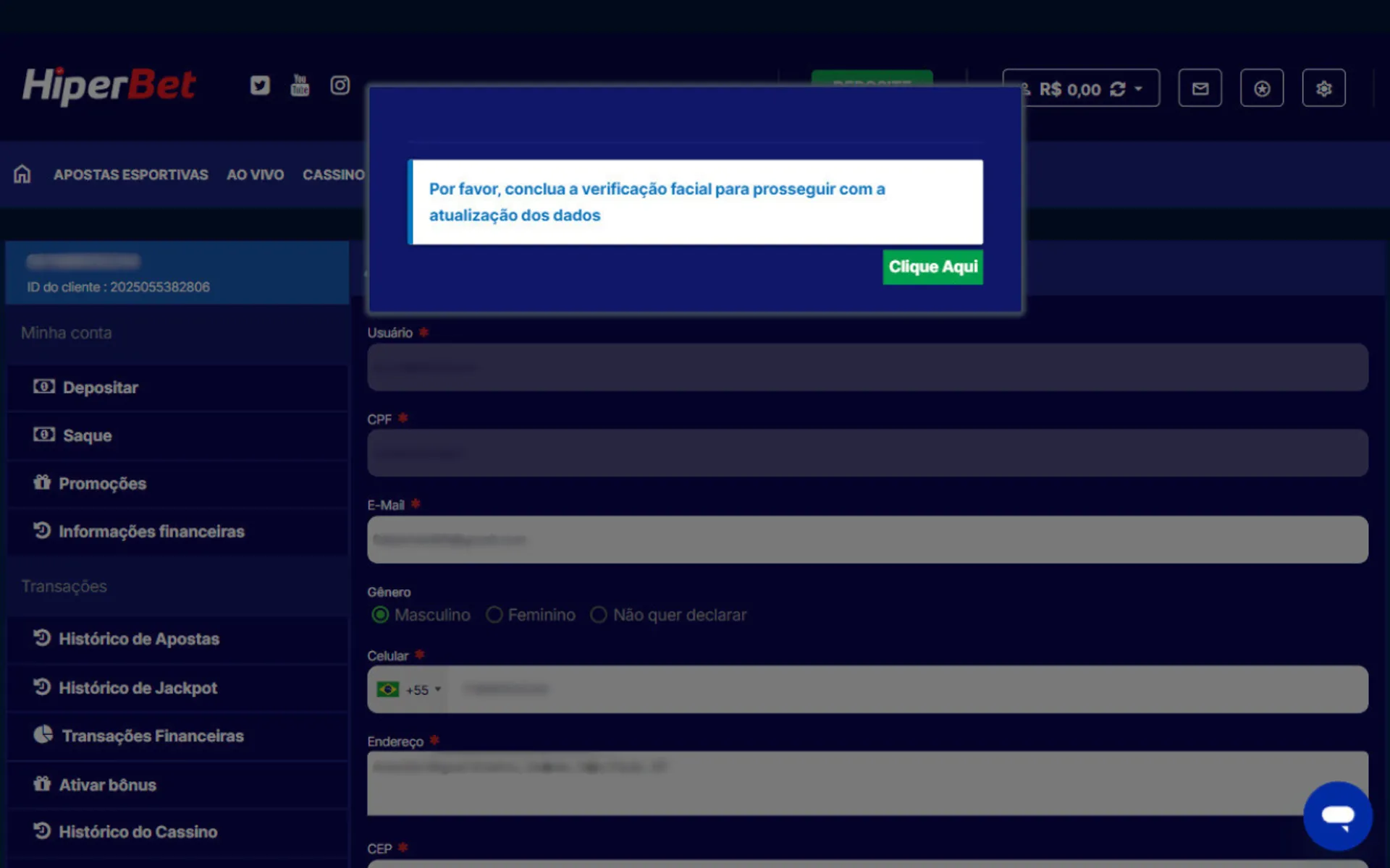 verificação de conta na HiperBet