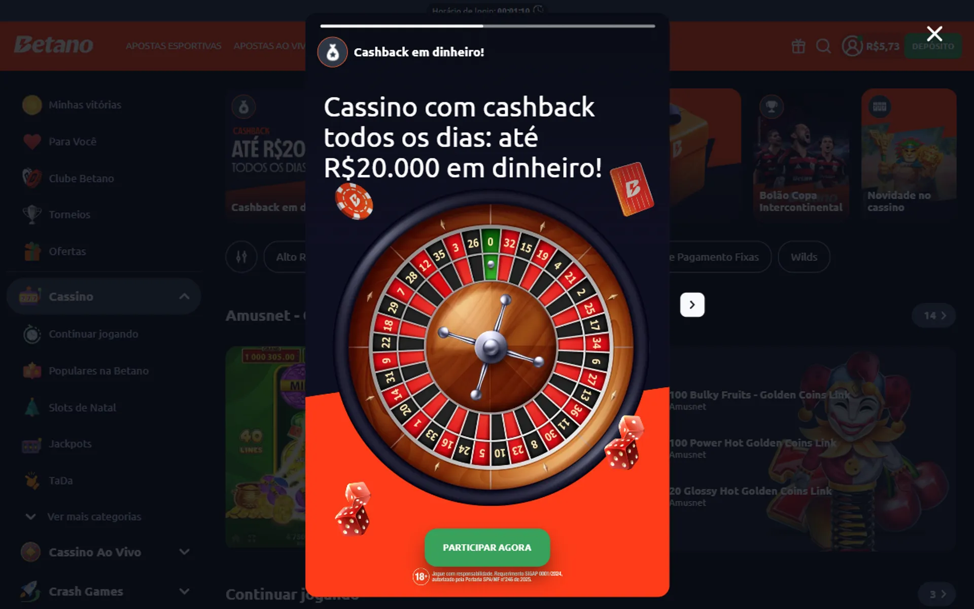 bônus de cashback betano