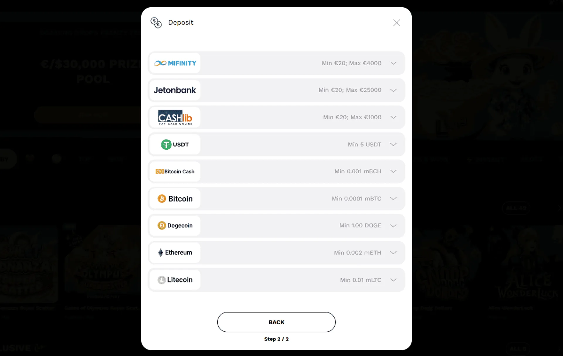 Level Up casino payment methods