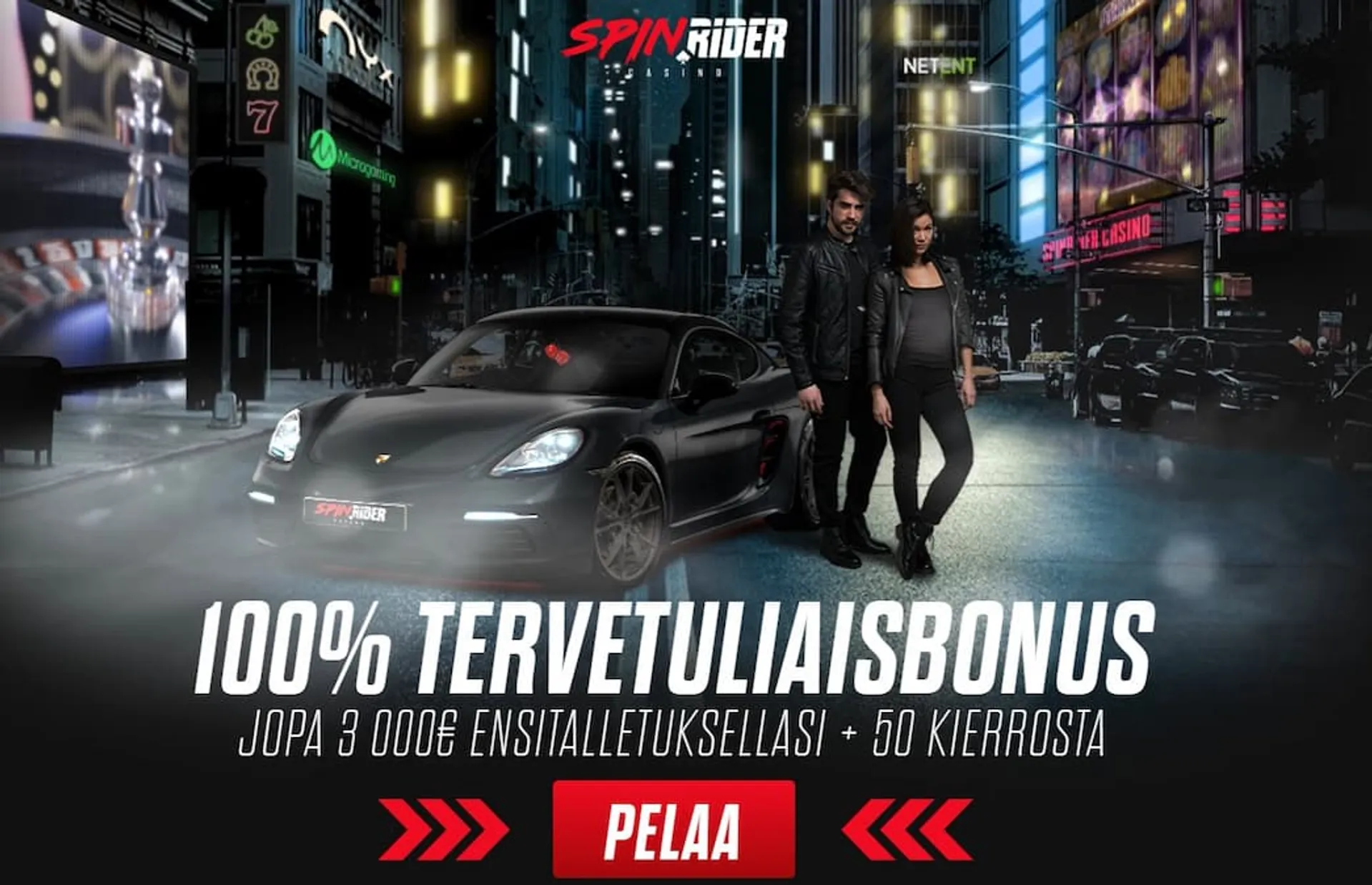 Musta sporttiauto ja kaksi mustiin pukeutunutta ihmistä öisessä kaupungissa