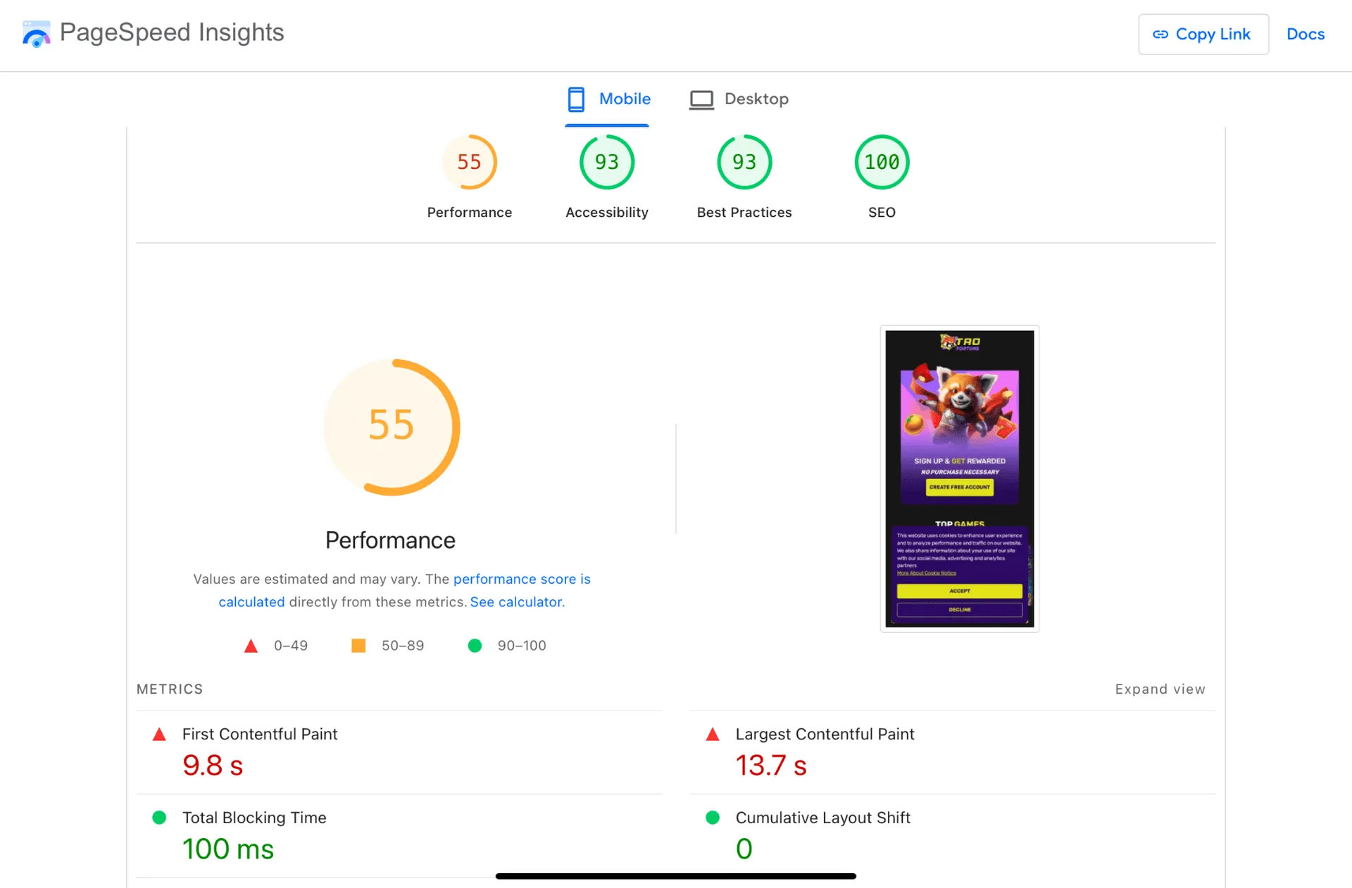 TaoFortune Page Speed