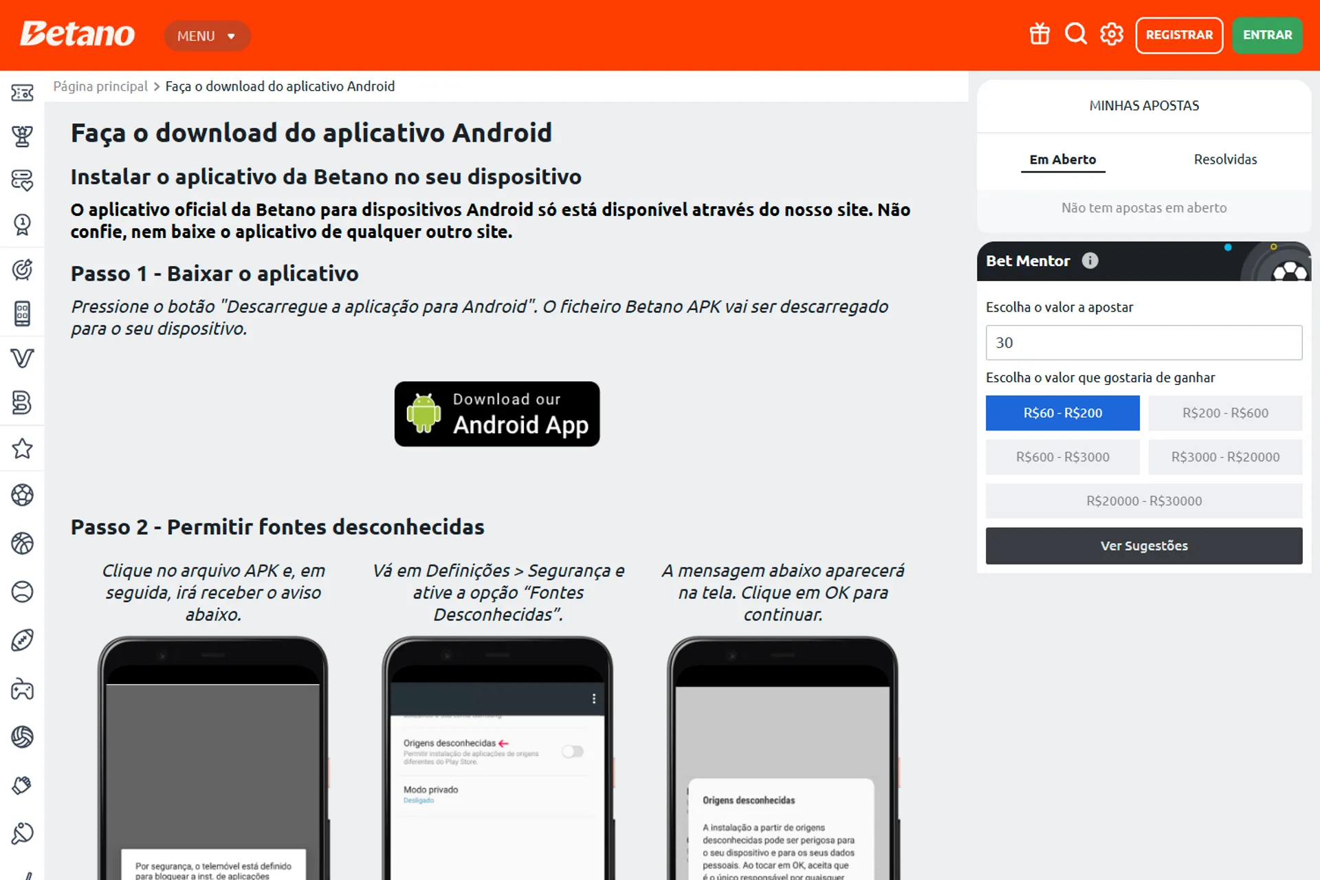 página de download do app Betano