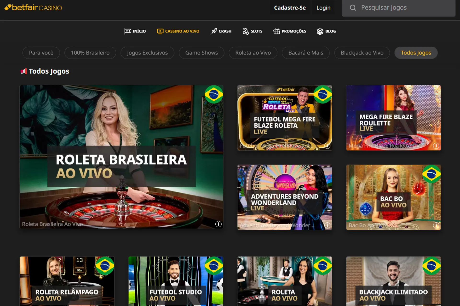 lobby do cassino betfair