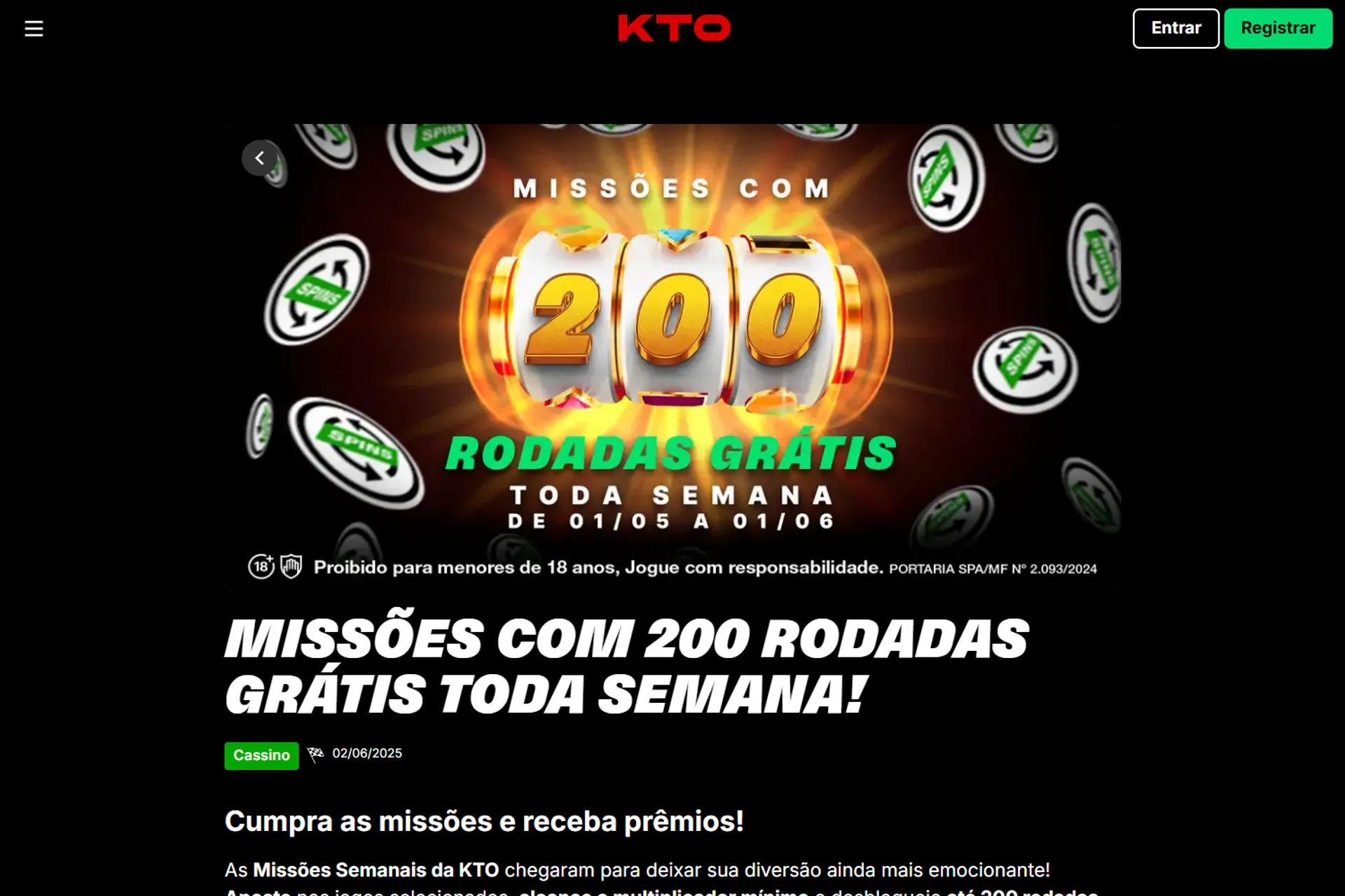 bônus de giros grátis da KTO