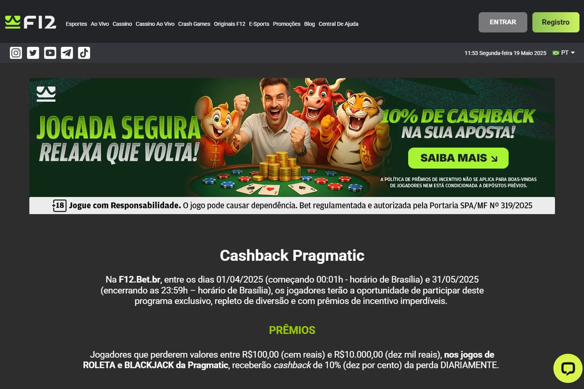 bônus de cashback da F12 Bet