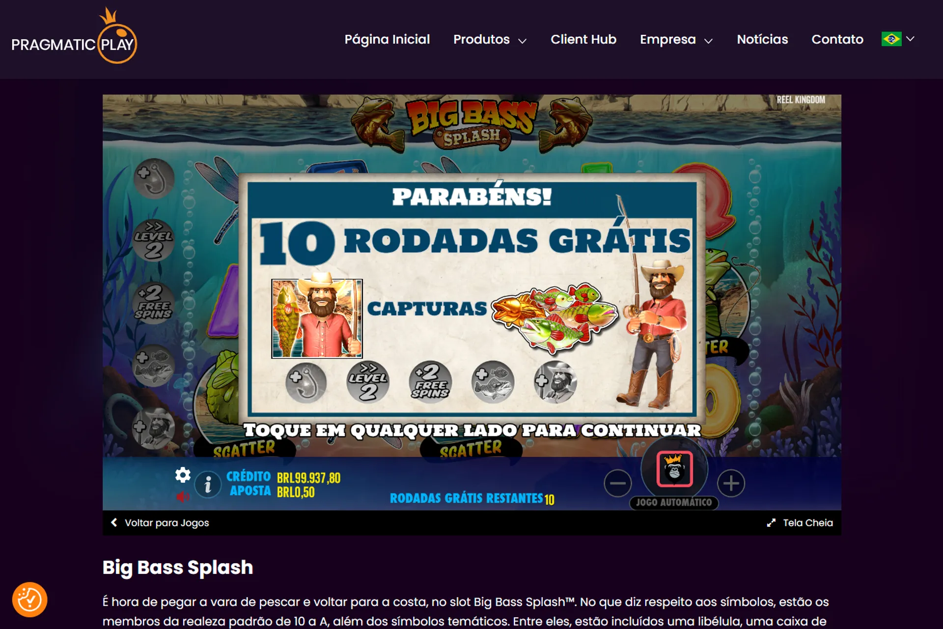 tela de rodadas grátis no slot Big Bass Splash demo