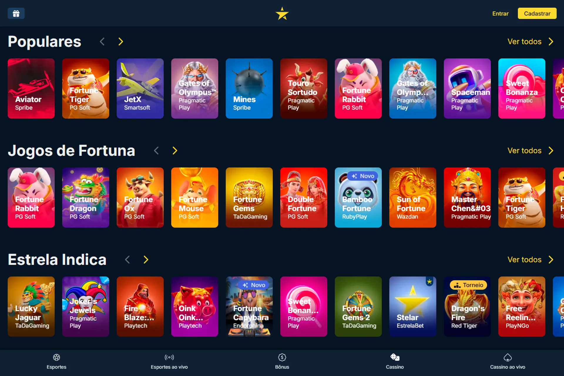 cassnio da Estrela Bet, que tem depósito mínimo menor que 5 reais