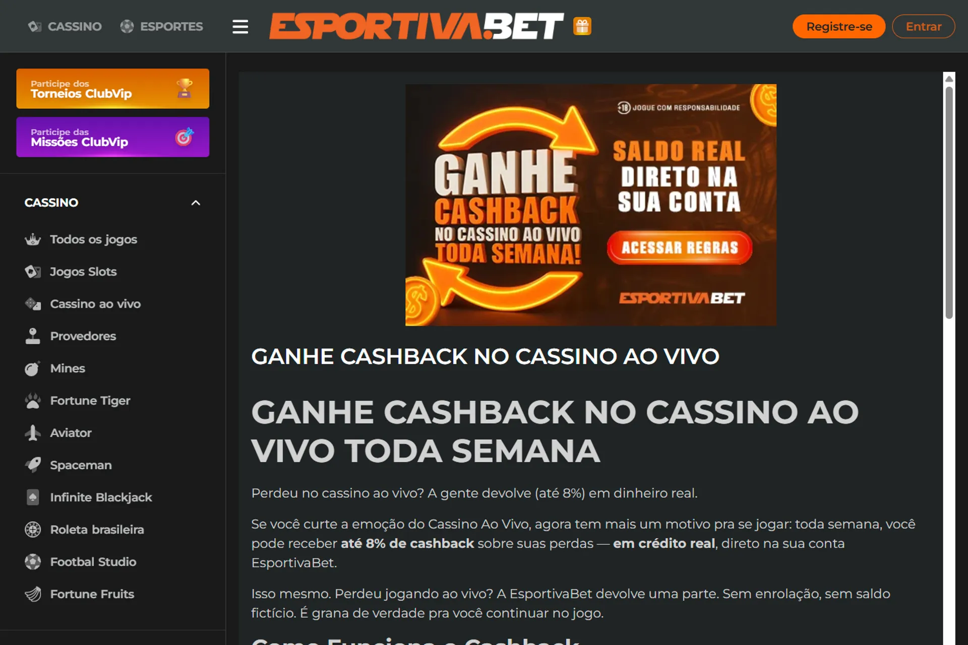 promoção de cashback na esportiva bet