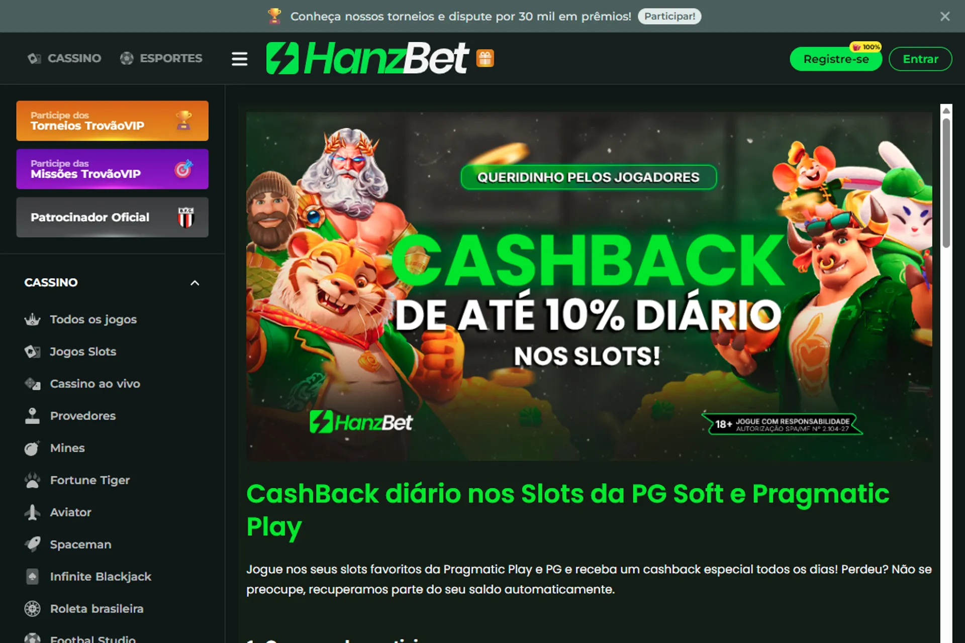 cashback em slots da Hanzbet