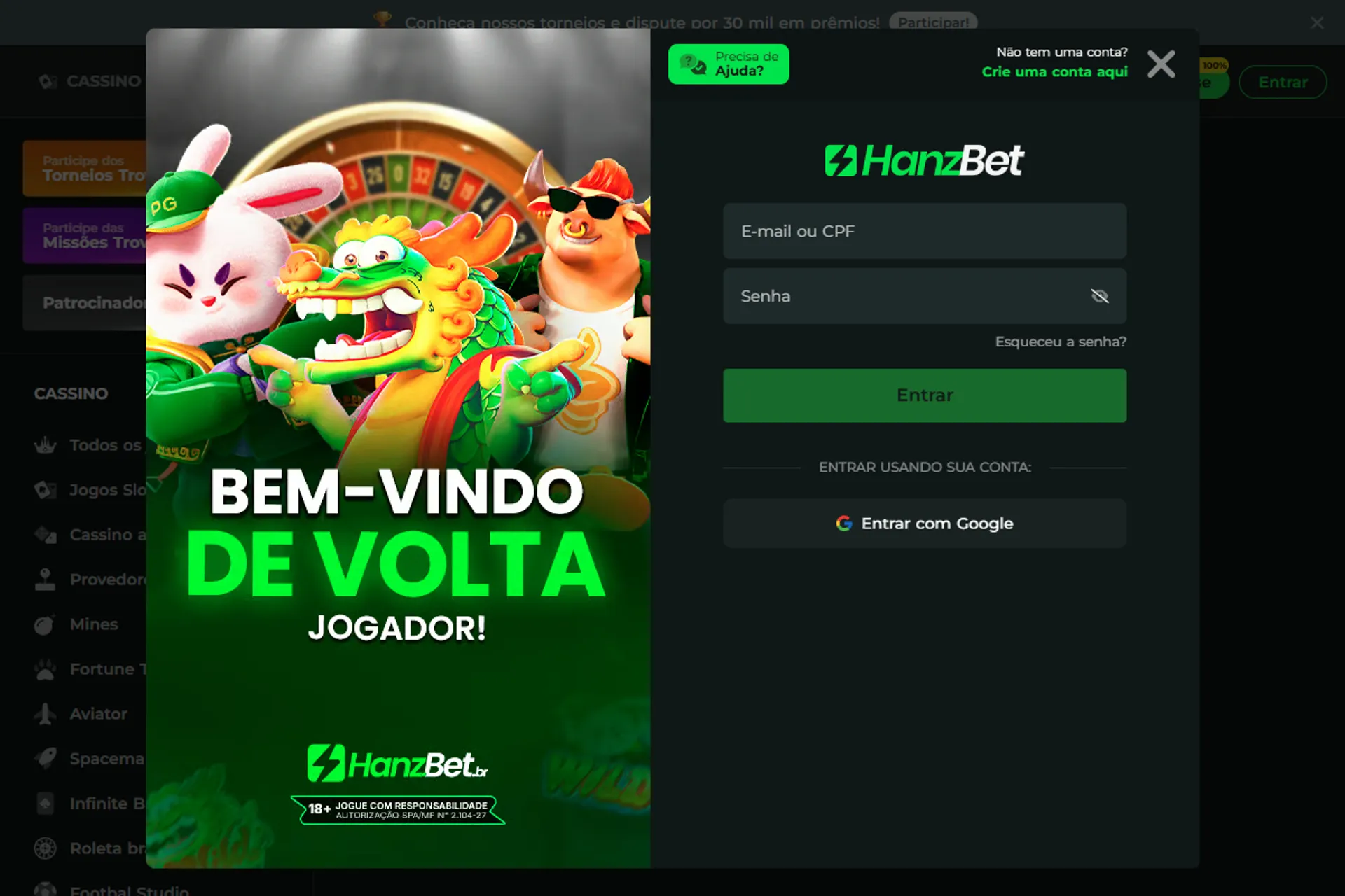 formulário de cadastro Hanzbet