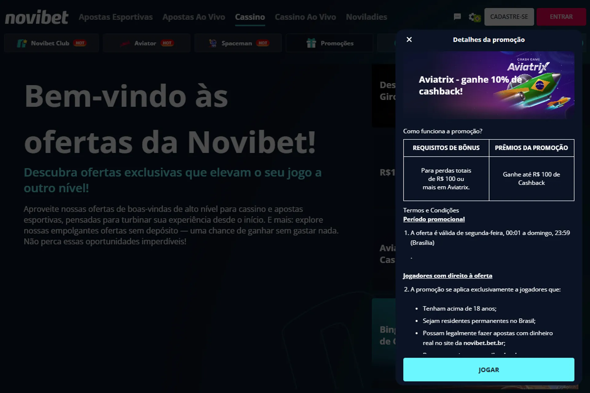 bônus de cashback Novibet