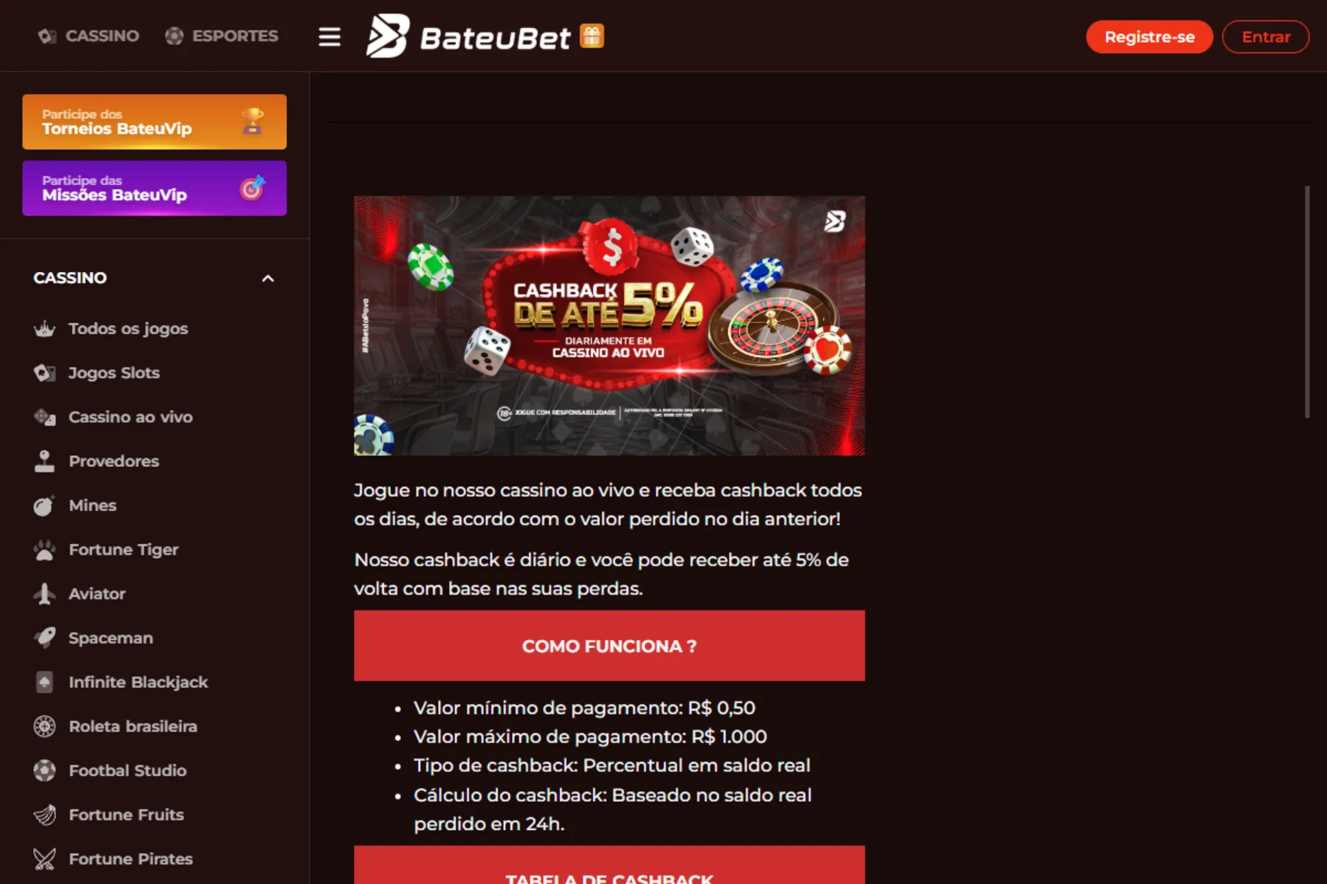 cashback de cassino ao vivo na BateuBet