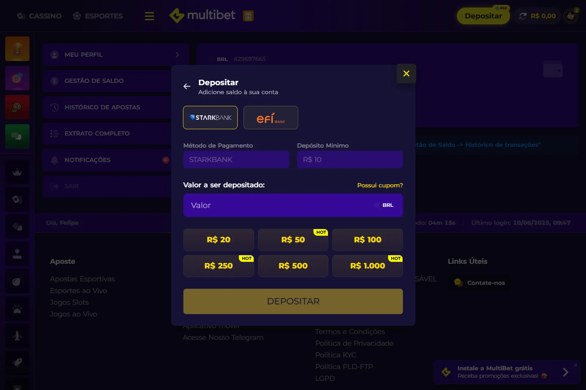 formulário de depósito na Multibet